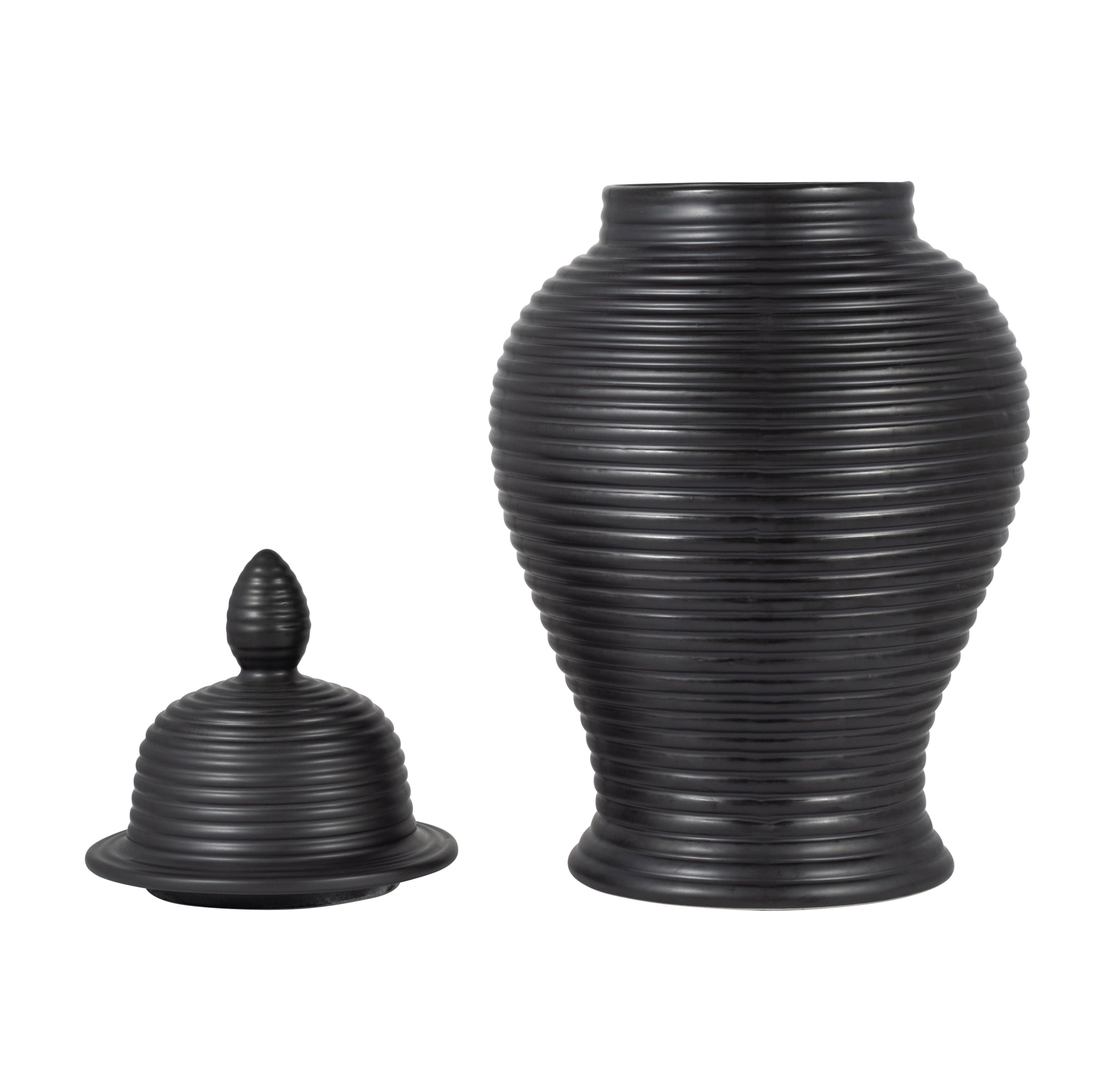 Ashley Luxe Cer, 18” Ribbed Temple Jar, Black, Black, large