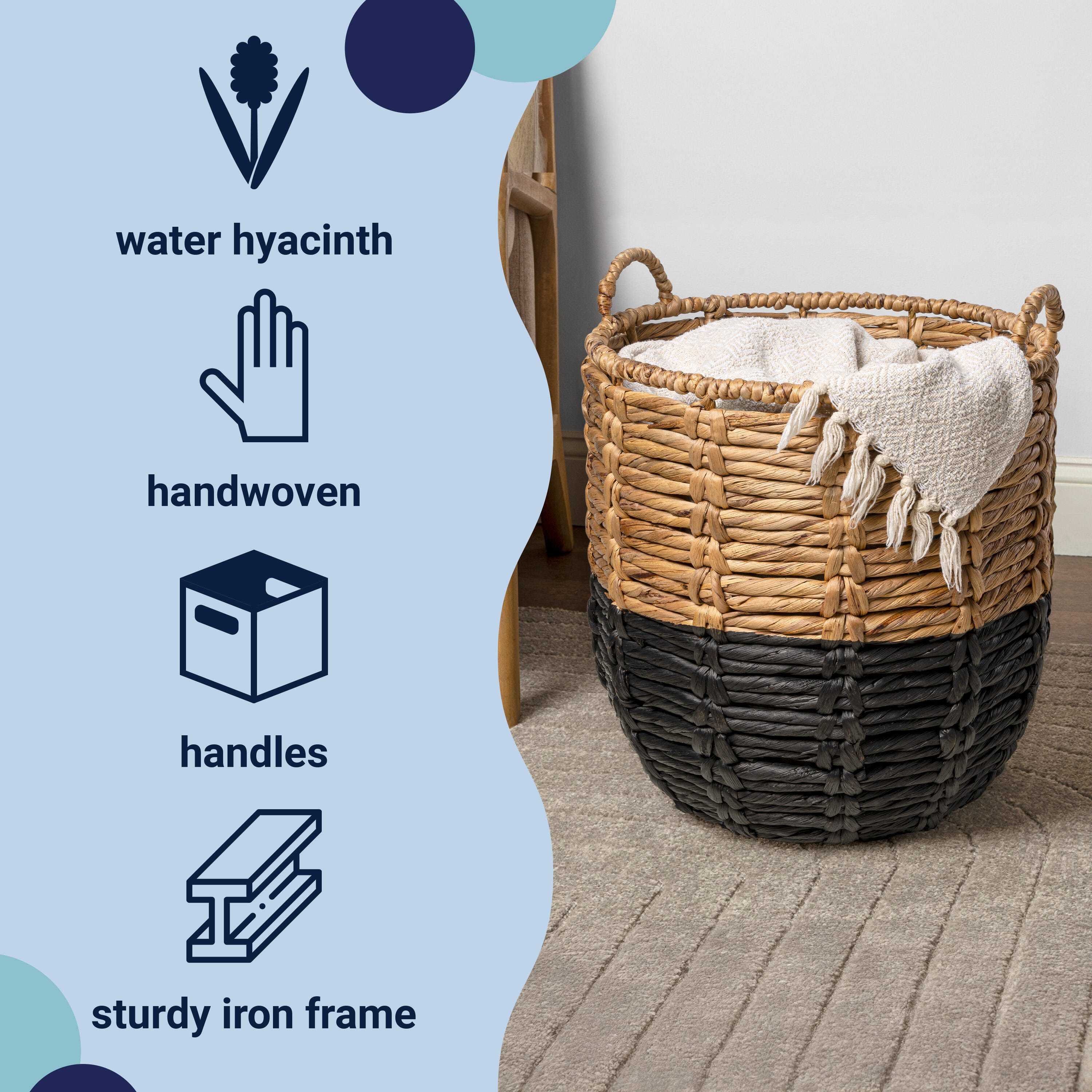 HAPPIMESS Laurel Laundry Hamper Basket, Natural/Black, large