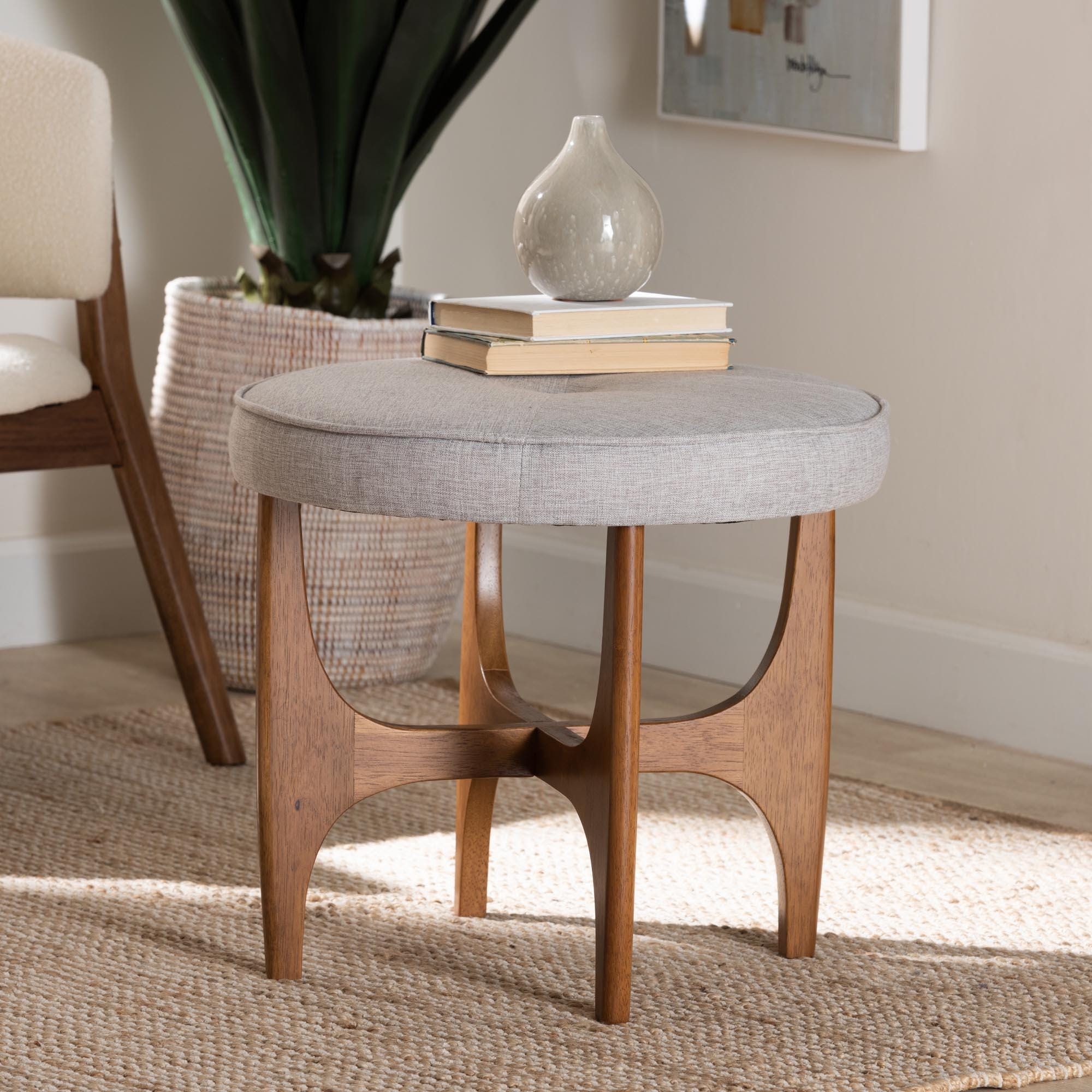 Baxton Studio Theo Ottoman Footstool, Gray Beige/Walnut Brown, large