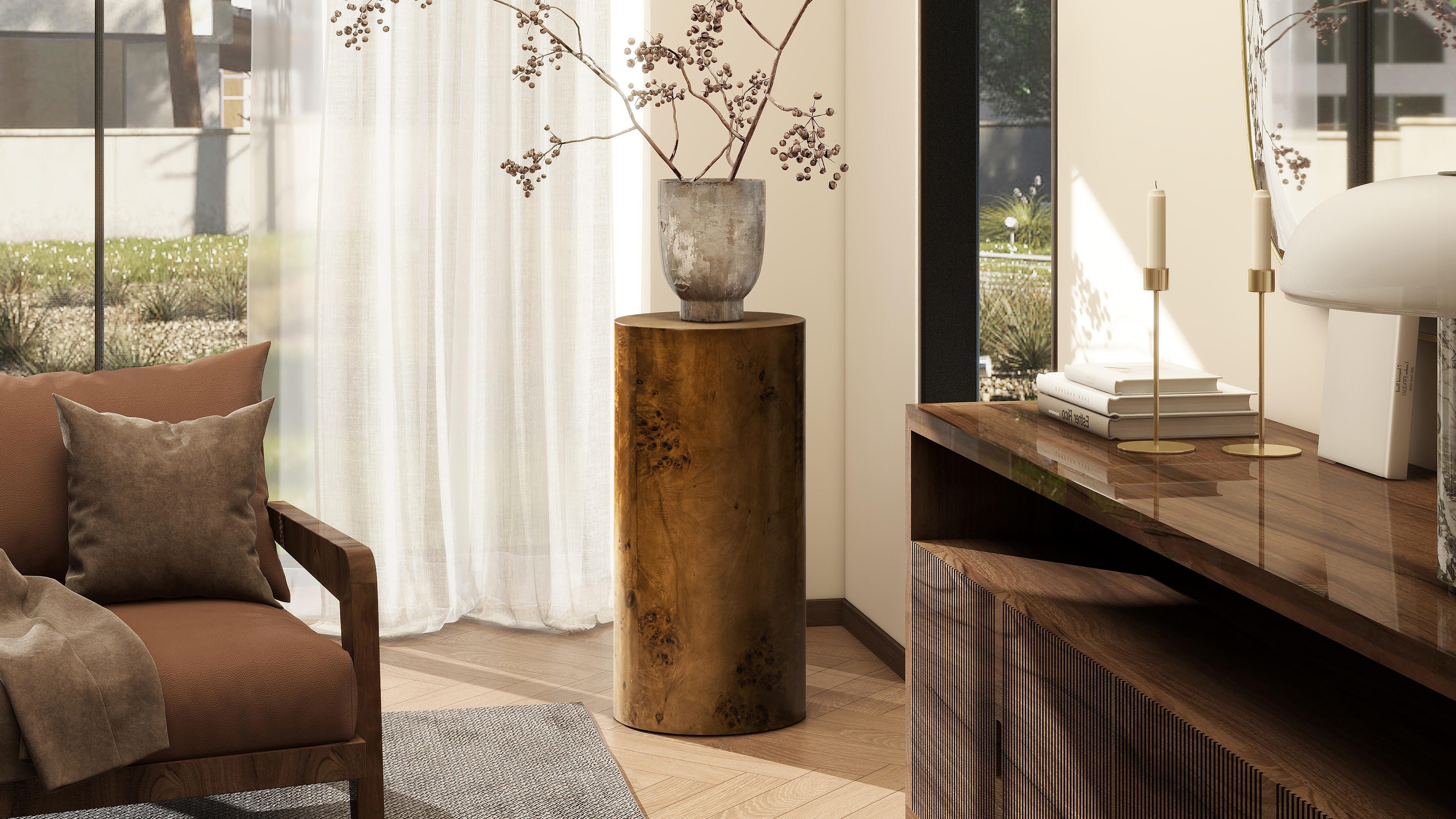 Jennifer Taylor Home Nebula Pillar Side Table, Medium Brown Walnut, large