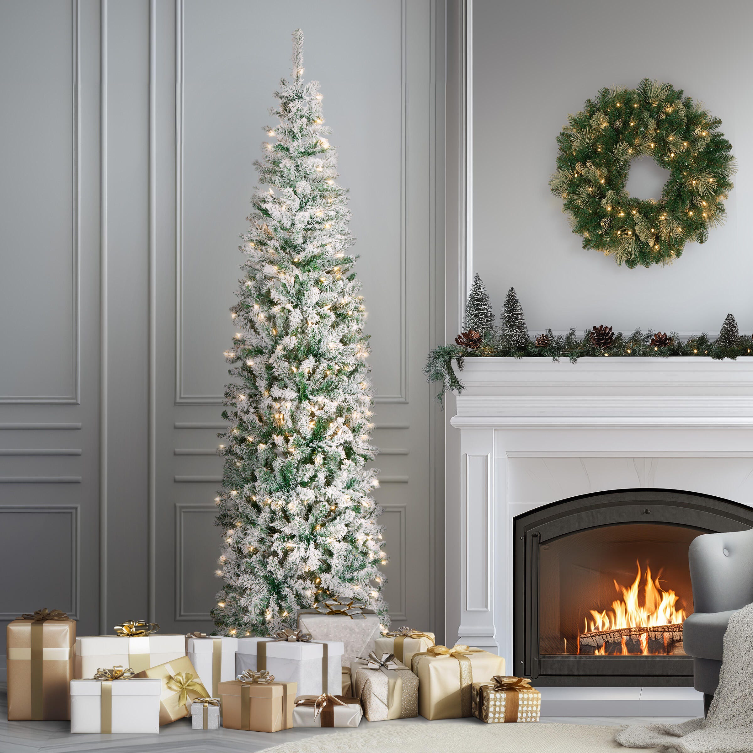 National Tree Company 7.5' Slim Flocked Acacia Artificial Christmas Tree, , large