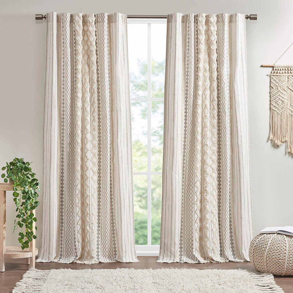 INK+IVY Imani Chenille Stripe Cotton Printed Window Panel, Ivory, large