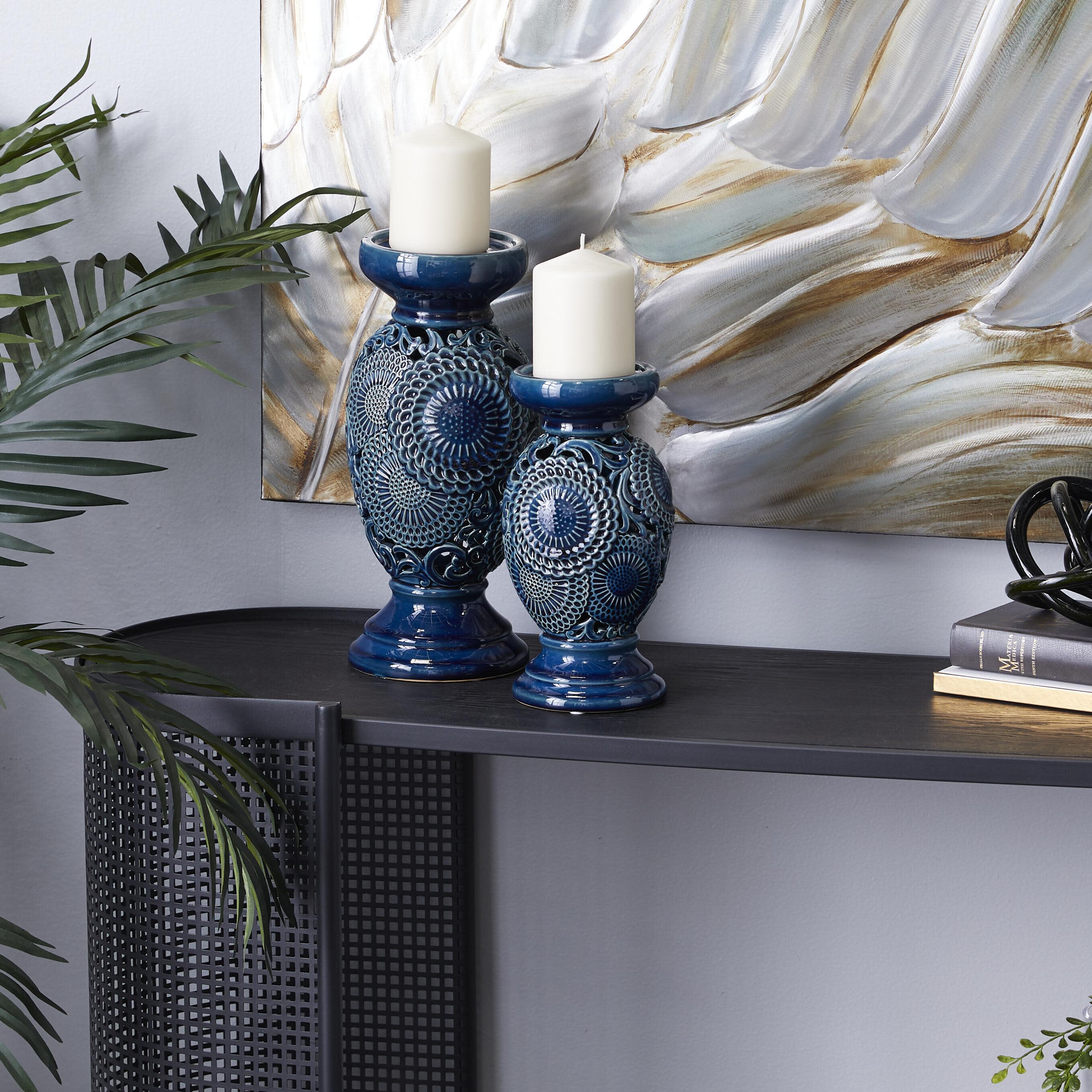 Bayberry Lane Floral Pillar Decorative Candle Holder (Set Of 2), , rollover
