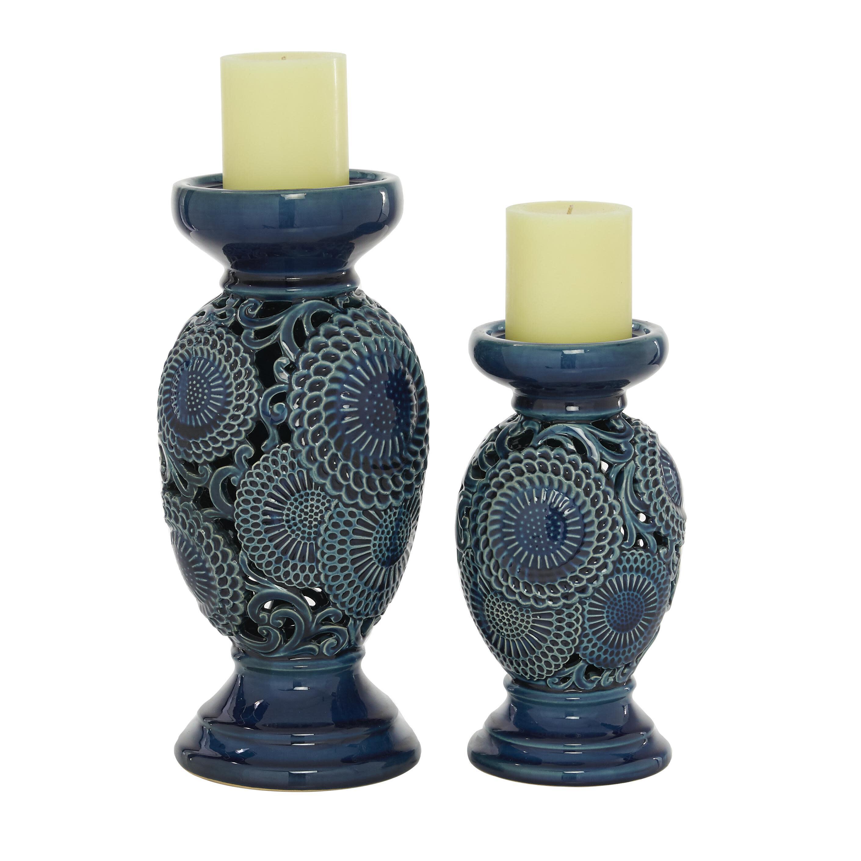 Bayberry Lane Floral Pillar Decorative Candle Holder (Set Of 2), , large