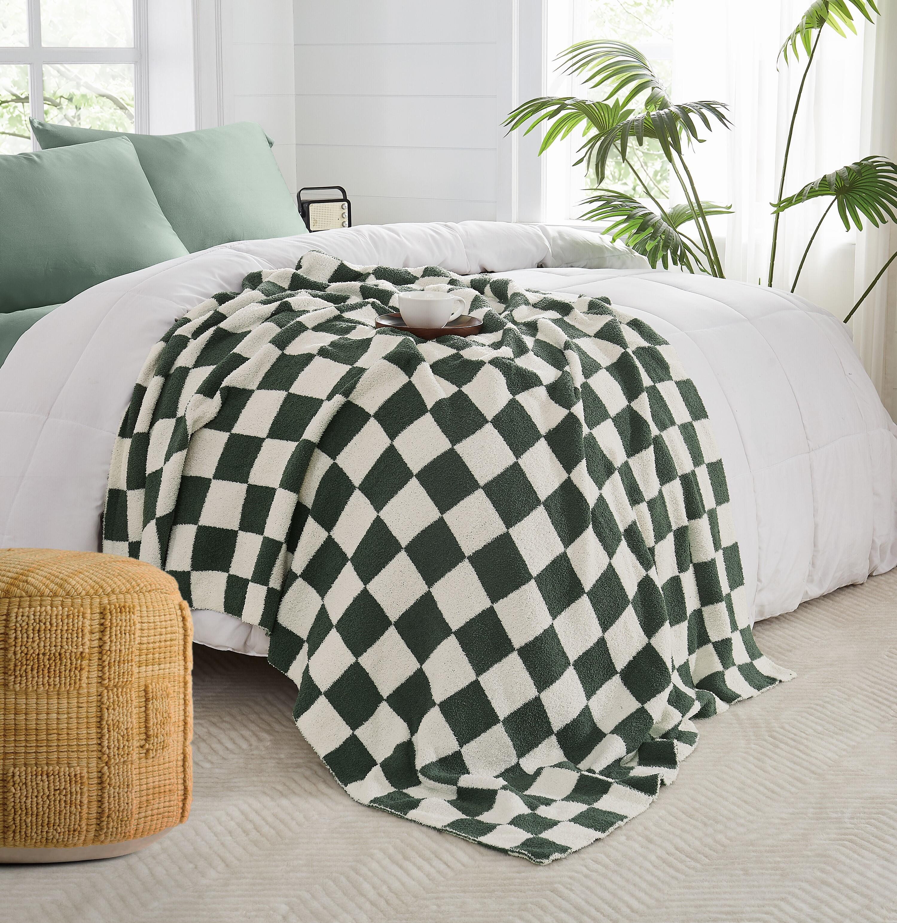 Truly Soft Checkerboard Reversible Throw, Green/White, rollover