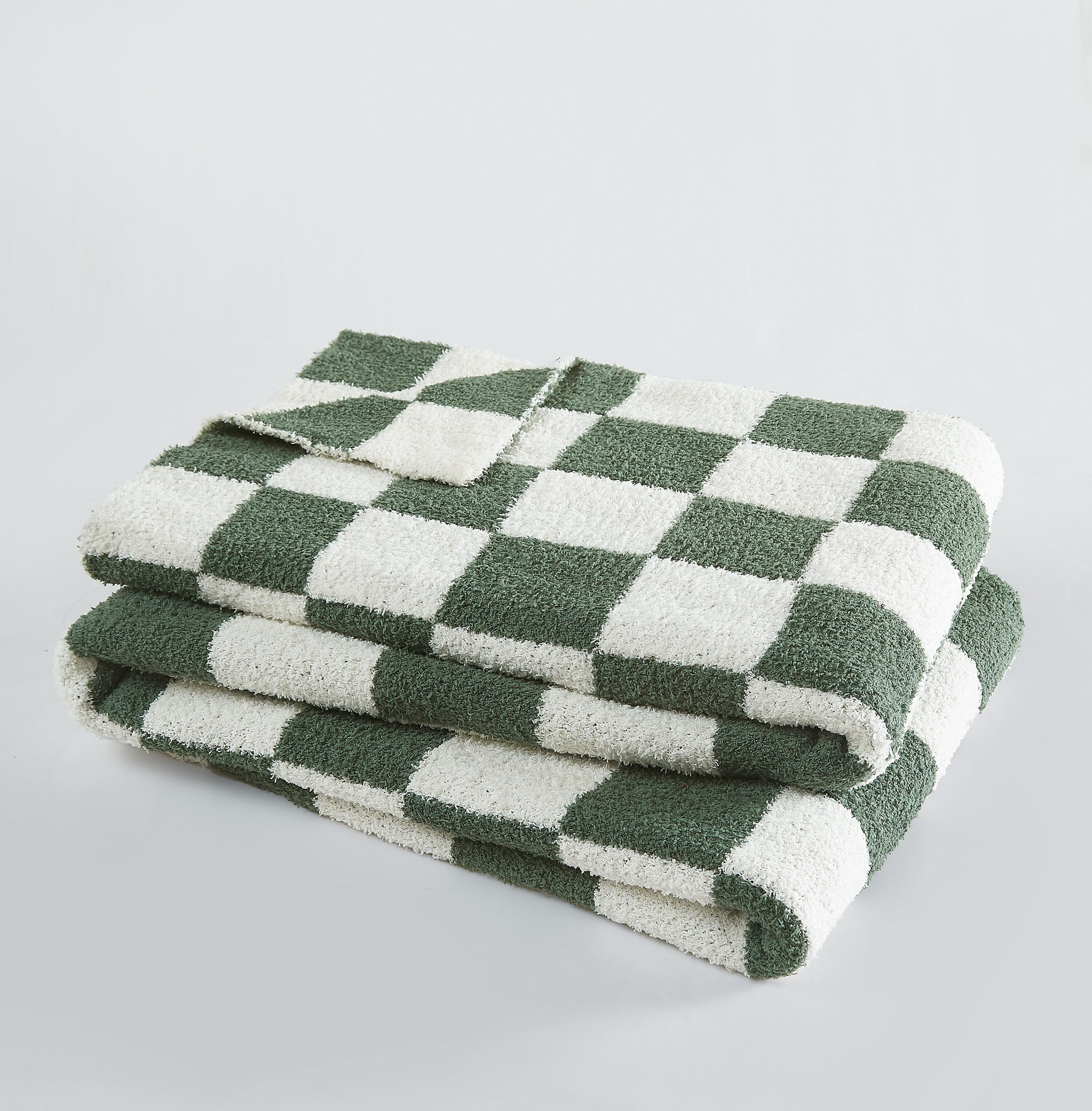 Truly Soft Checkerboard Reversible Throw, Green/White, large