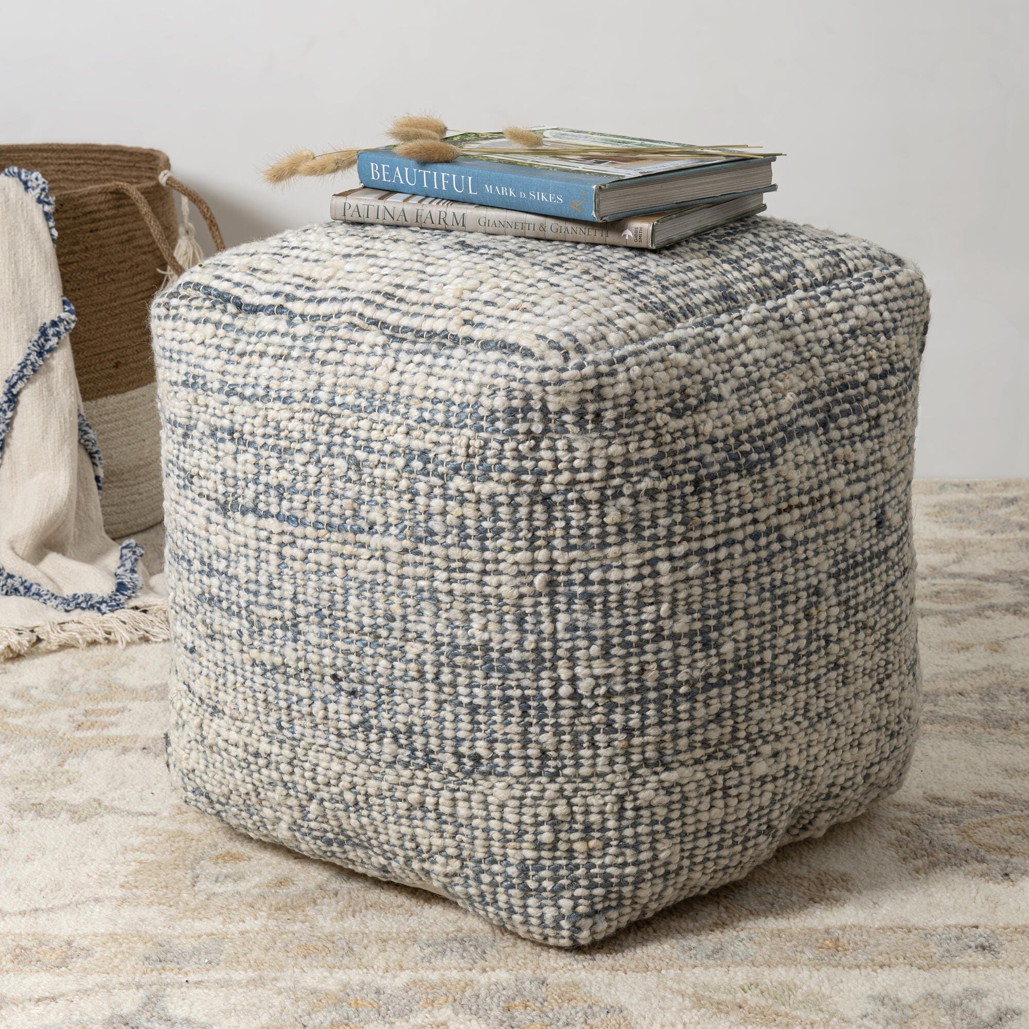 Suvii Home Lunaro Striped Pouf, Ivory/Blue, rollover
