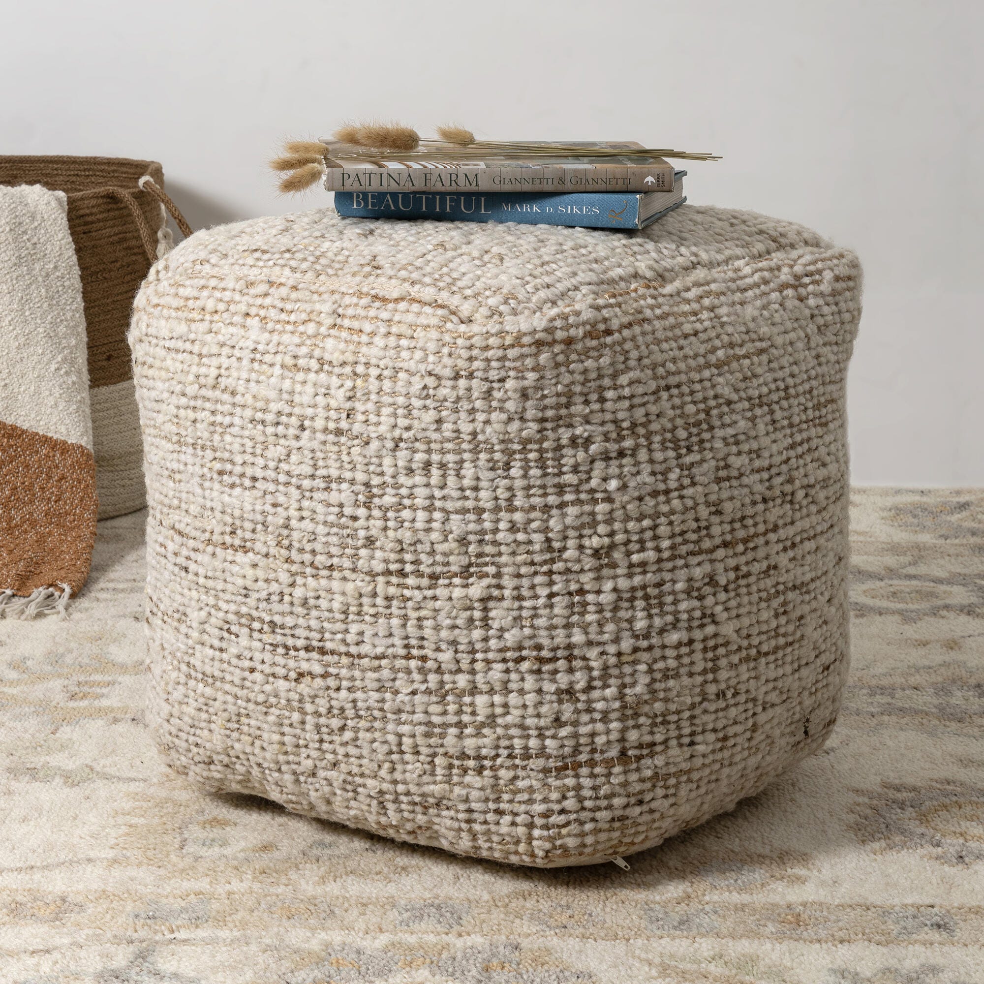 Suvii Home Lunaro Striped Pouf, Ivory/Natural, rollover