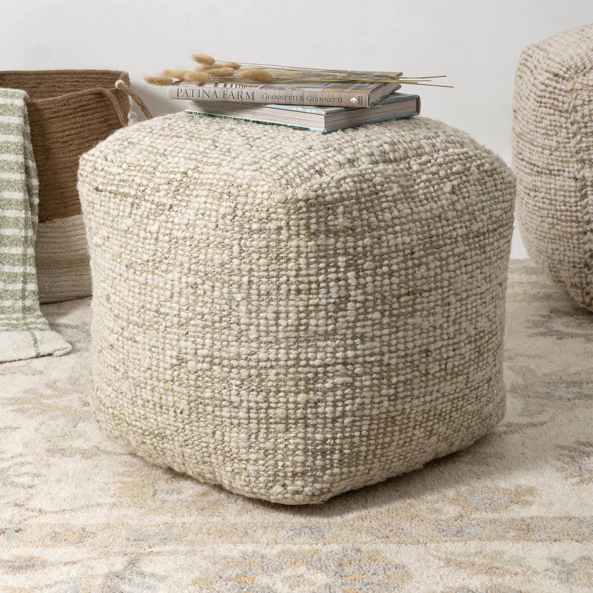 Suvii Home Lunaro Striped Pouf, Ivory/Green, rollover