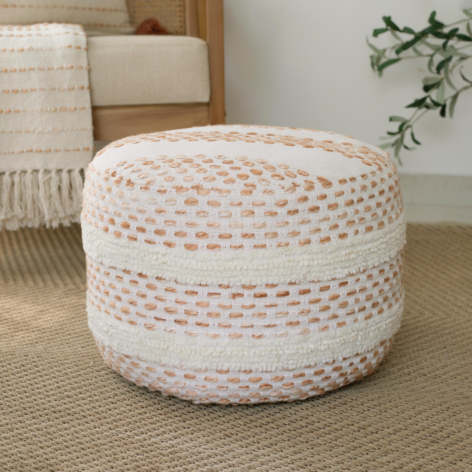Suvii Home Lunaro Ombre Striped Pouf, White/Brown, rollover