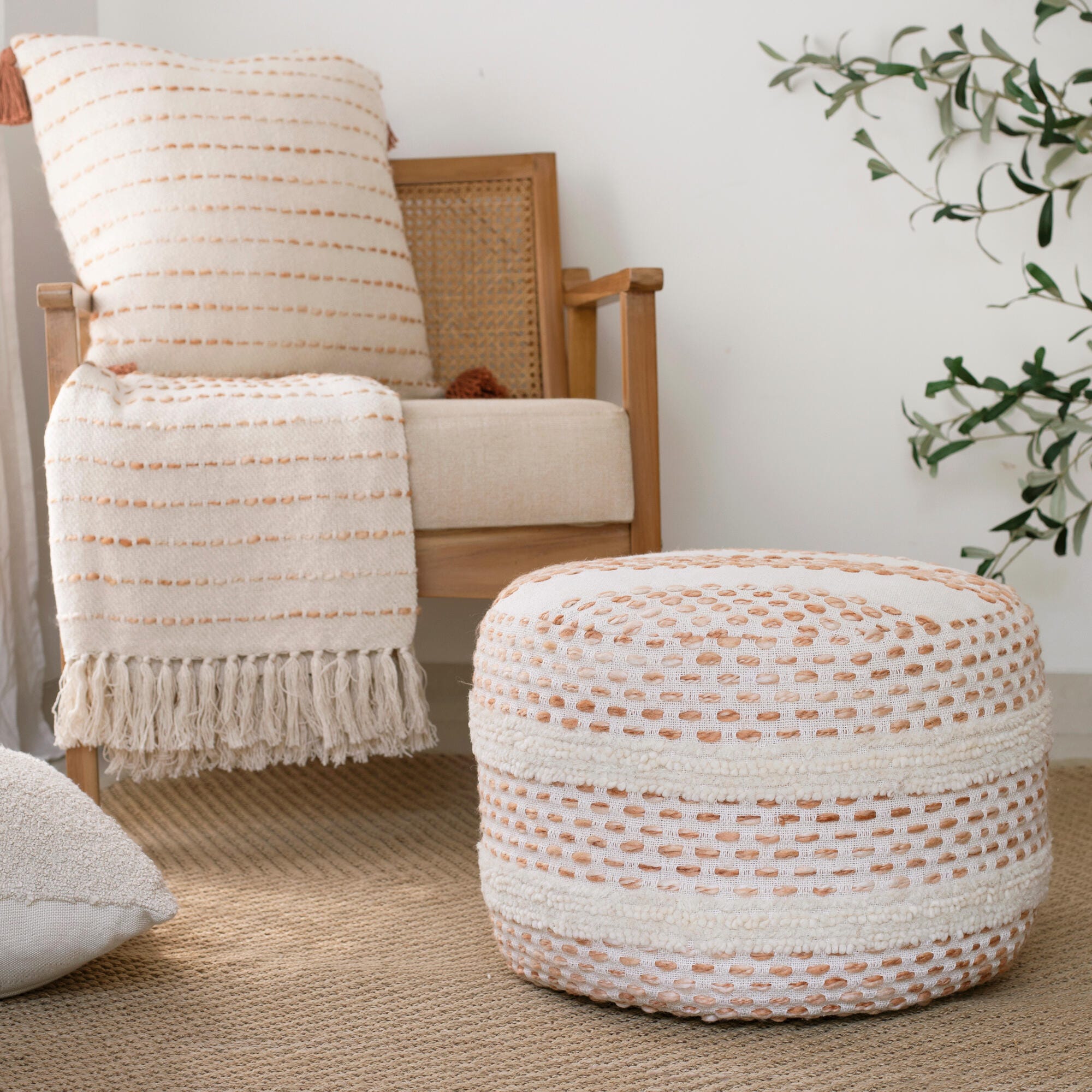 Suvii Home Lunaro Ombre Striped Pouf, White/Brown, large