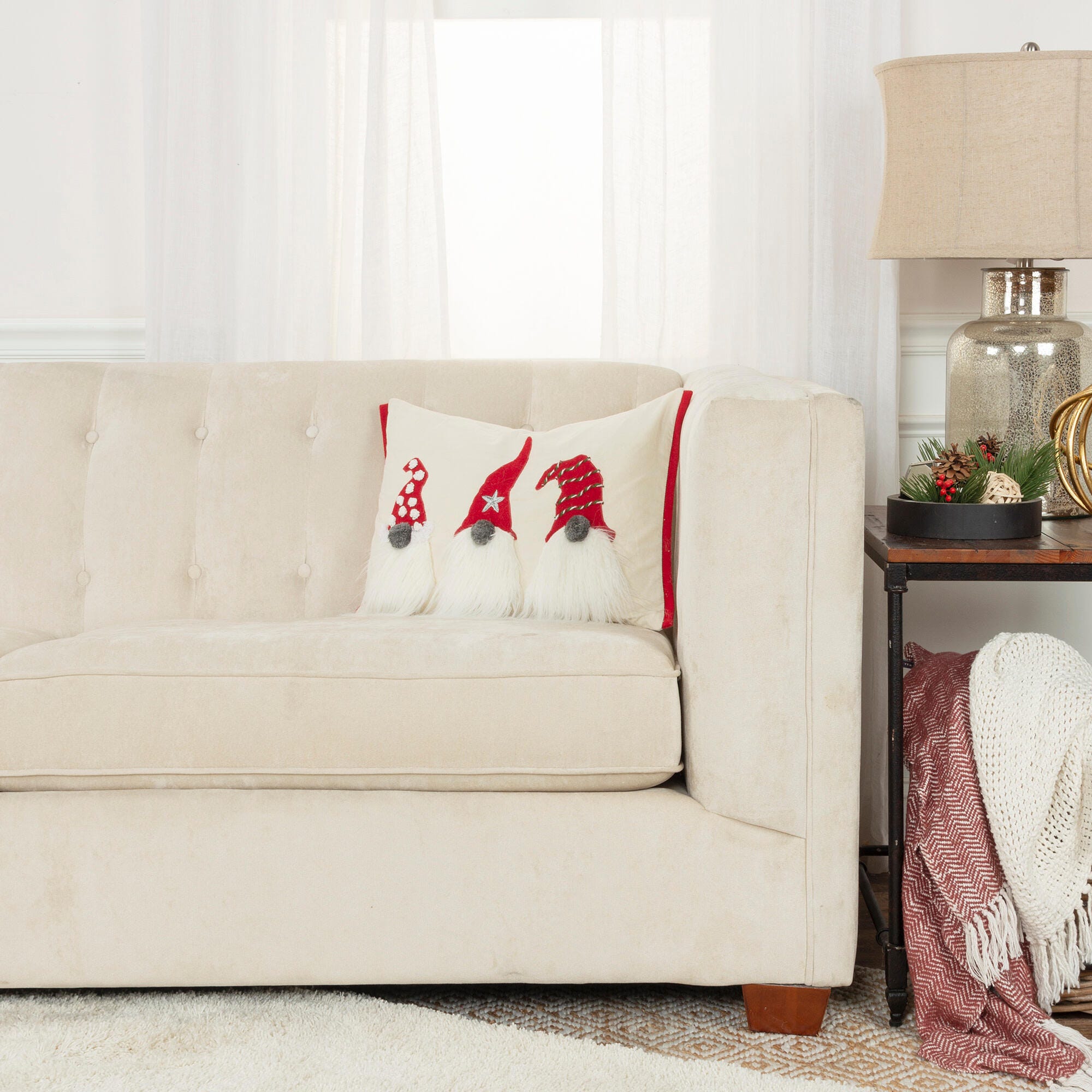 Rizzy Home Gnomes Decorative Throw Pillow, Cream/Red, rollover
