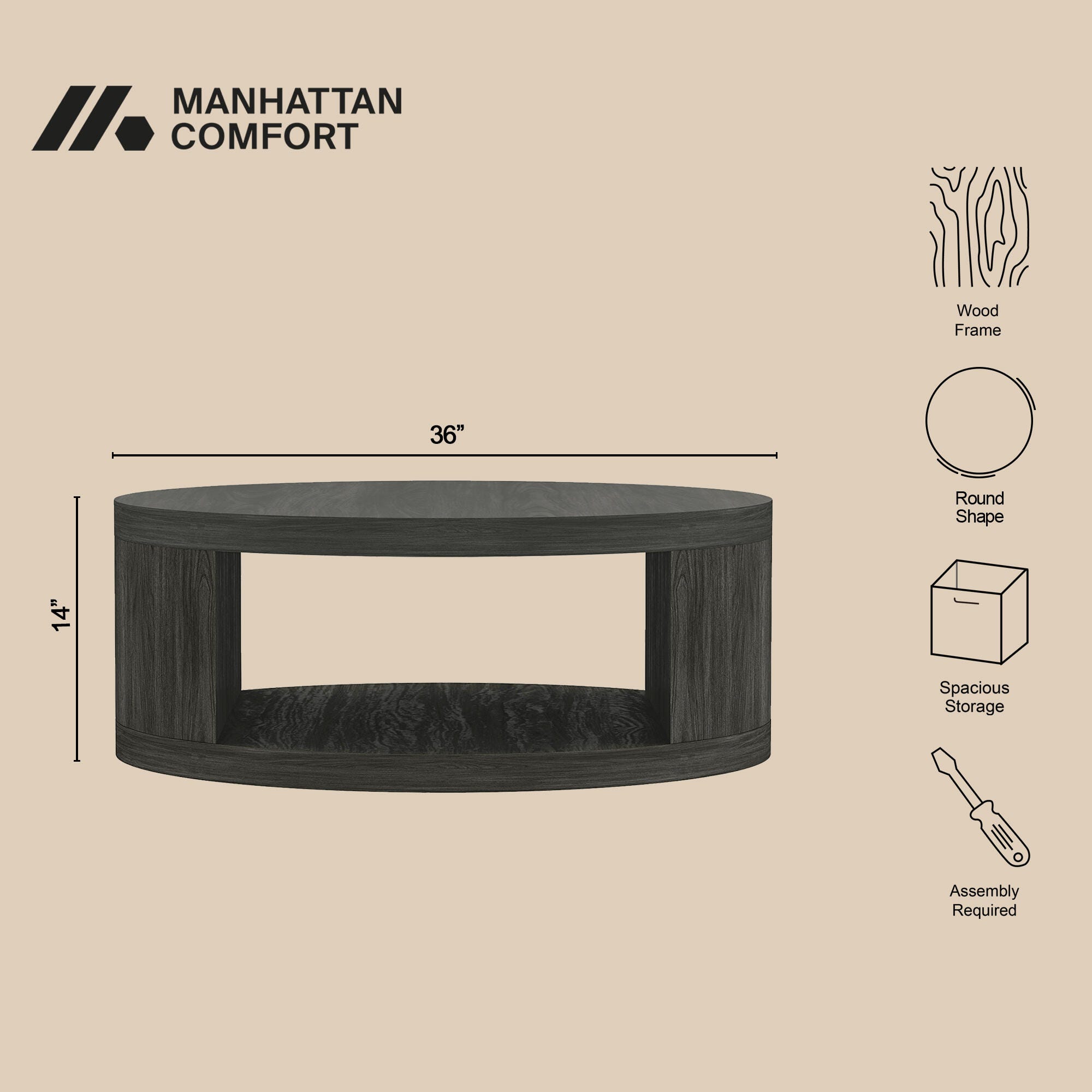 Manhattan Comfort Alure Coffee Table, Charcoal, large