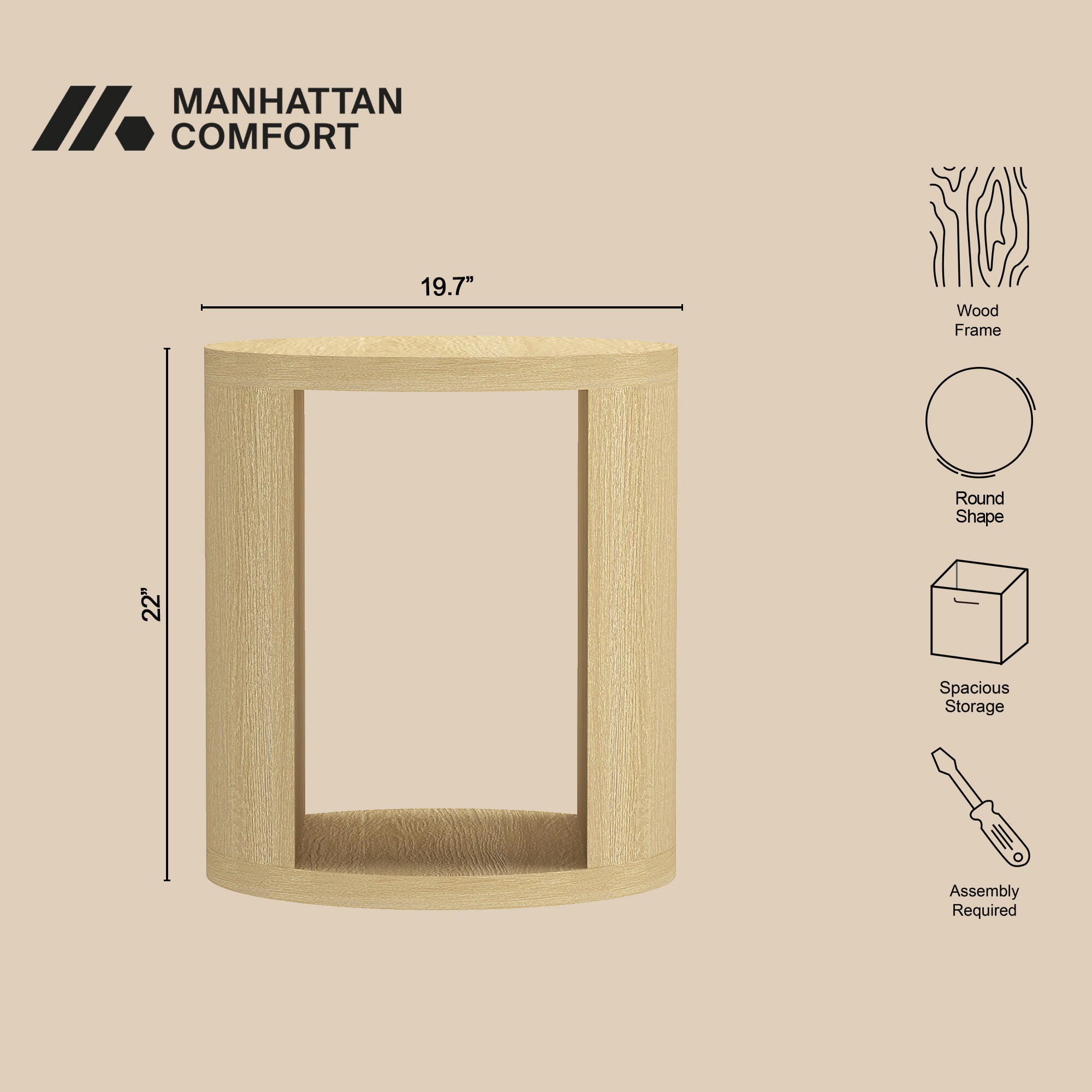 Manhattan Comfort Alure End Table, Natural Oak, large