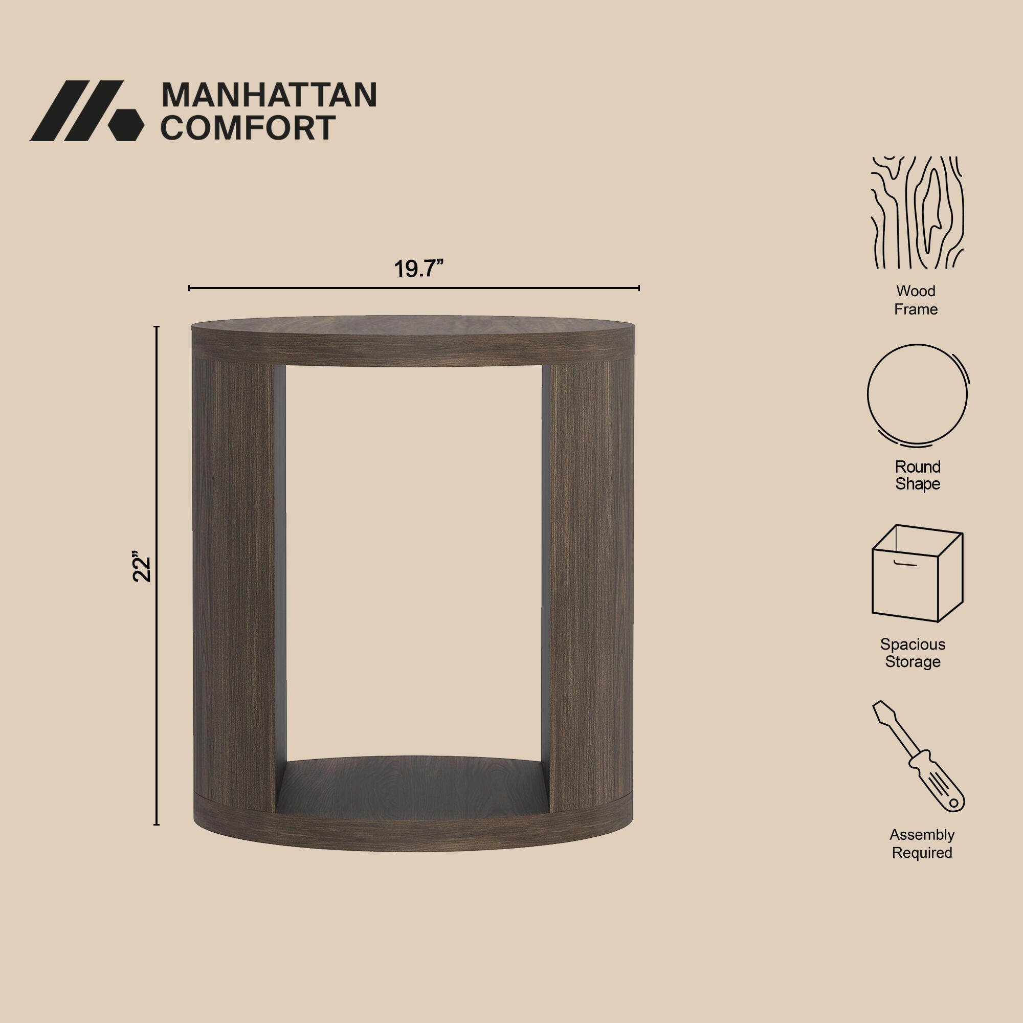 Manhattan Comfort Alure End Table, Walnut, large