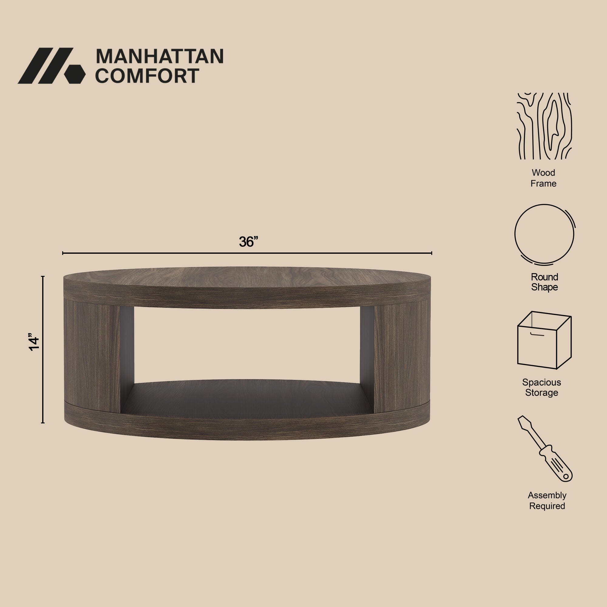 Manhattan Comfort Alure Coffee Table, Walnut, large