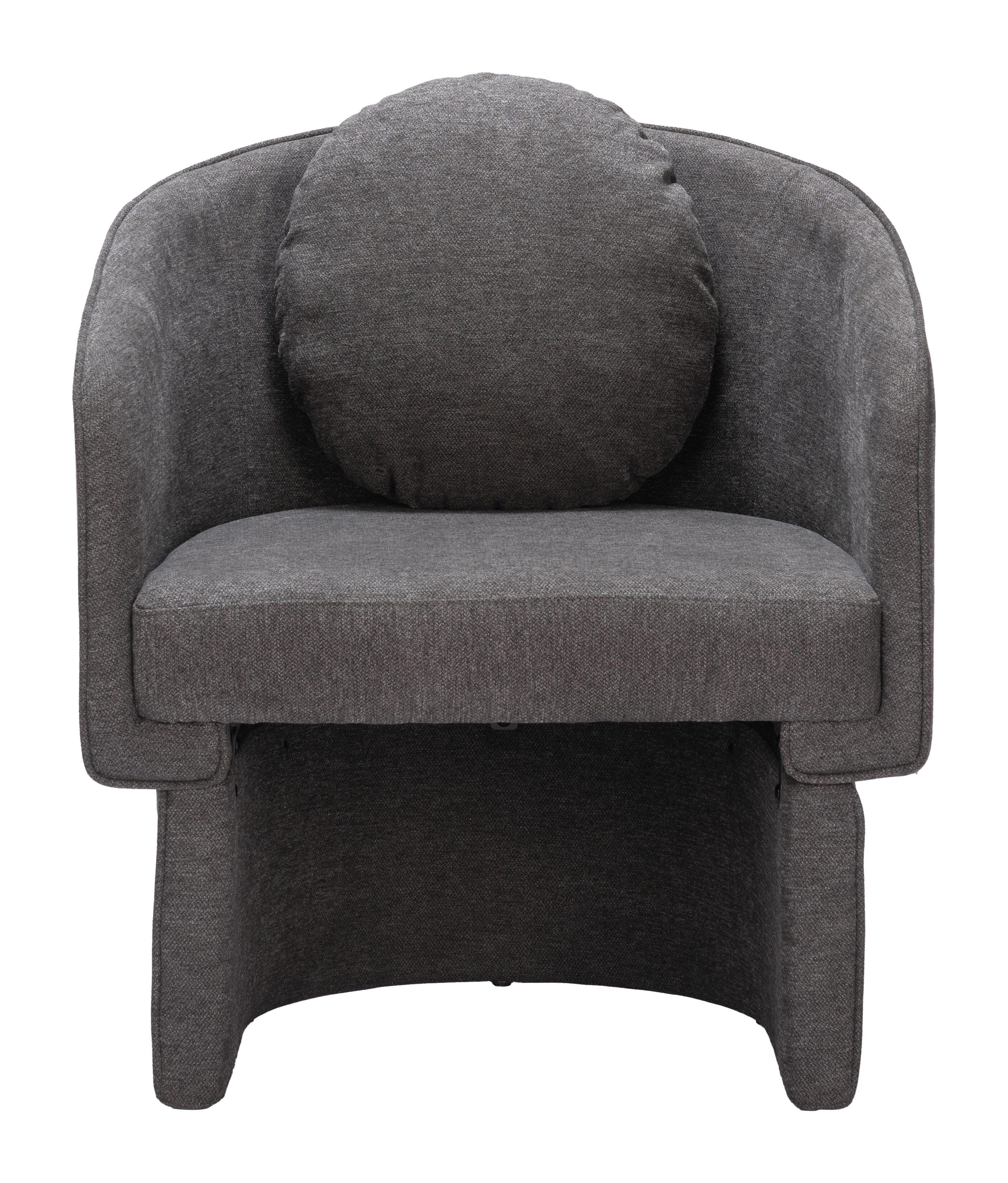 Gray accent chair shown from the side on a plain background.