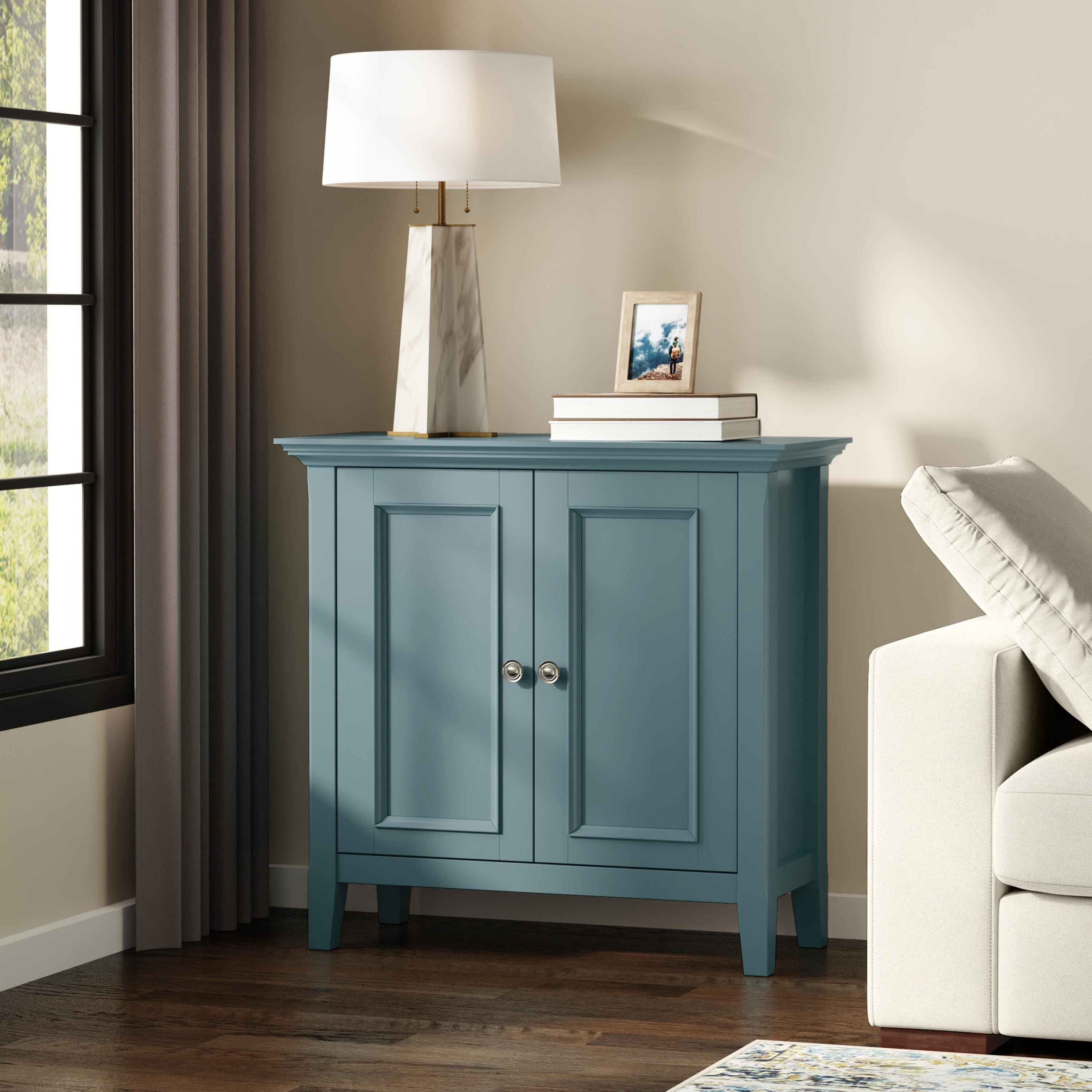 Simpli Home Amherst 32" Accent Cabinet, French Blue, rollover