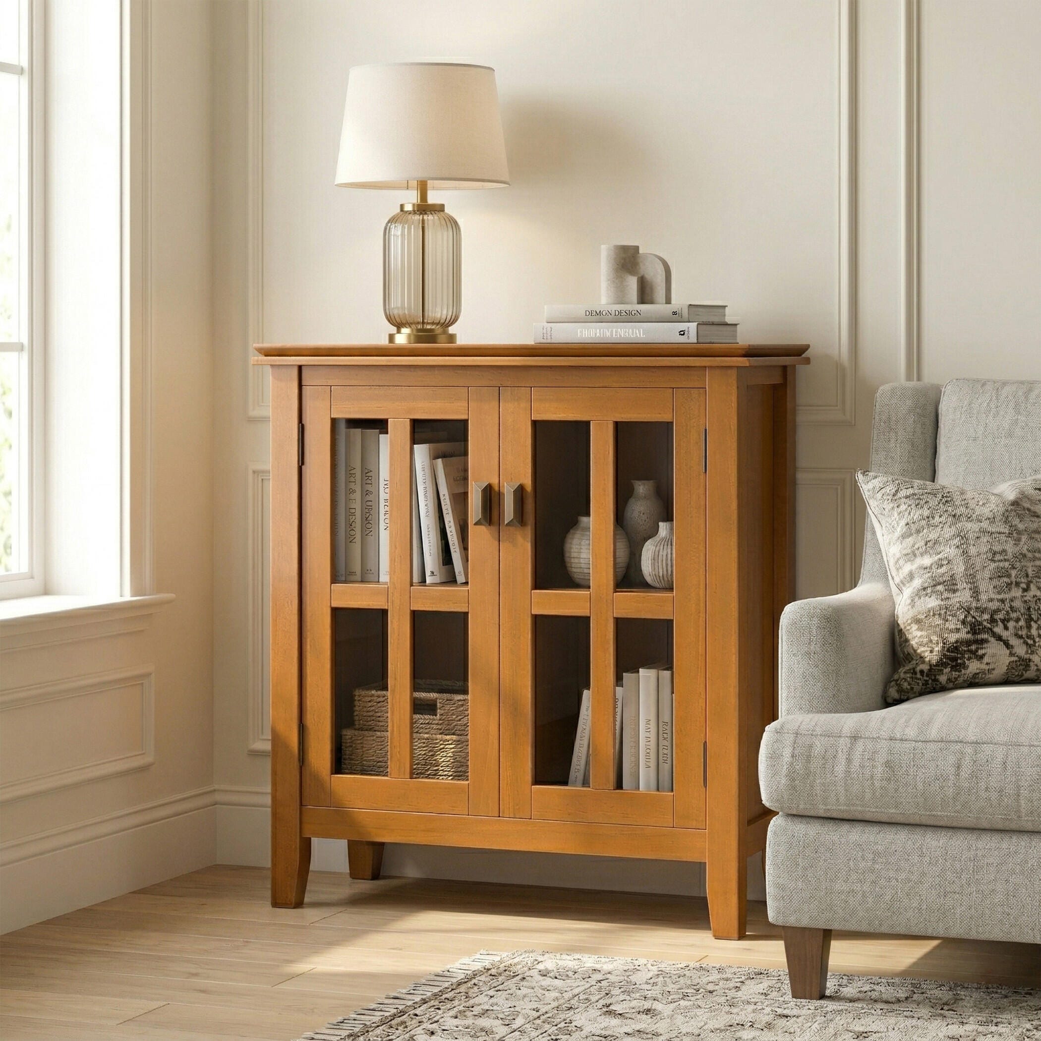 Simpli Home Artisan 30" Accent Cabinet, Honey Brown, large