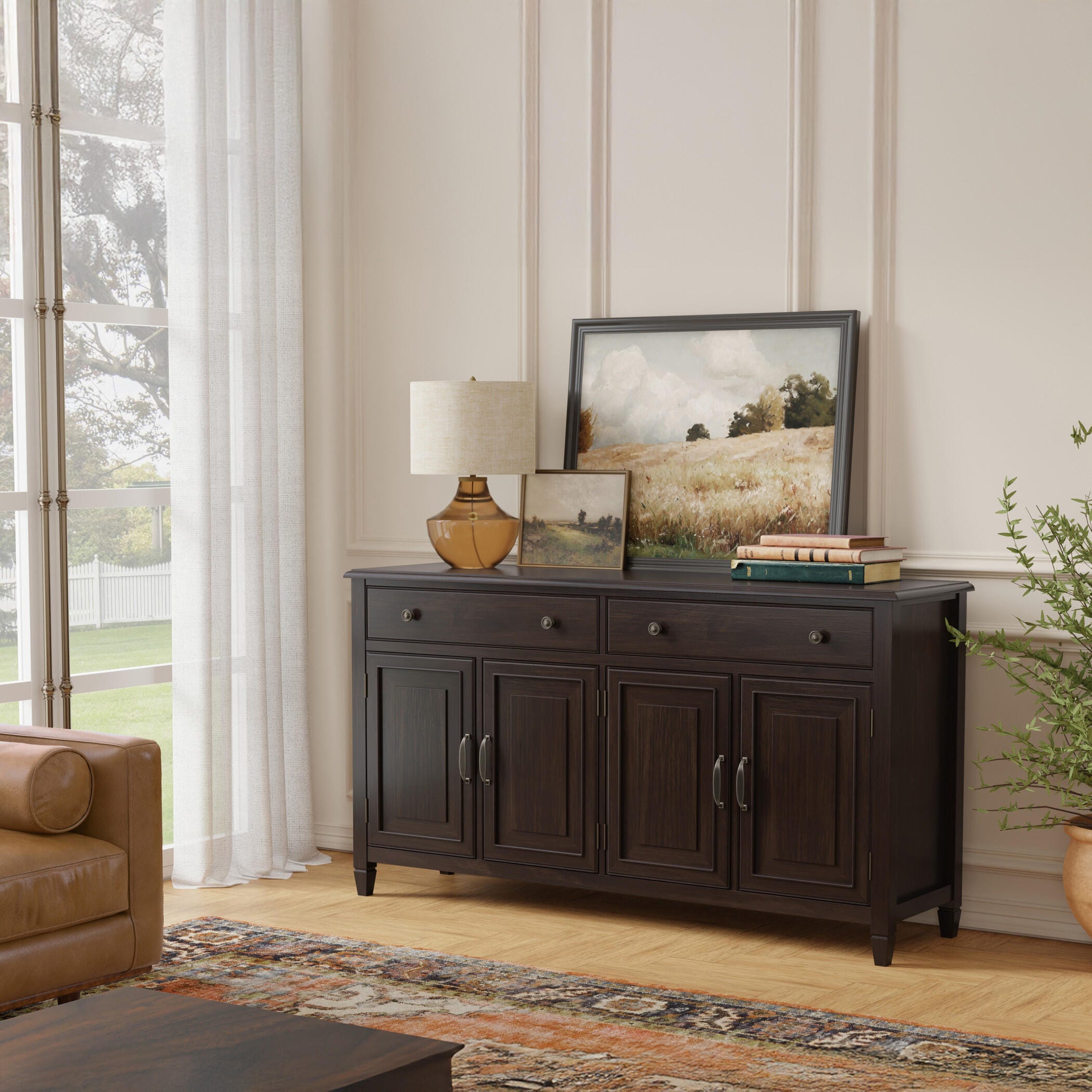 Simpli Home Connaught 66" Accent Cabinet, Dark Chestnut Brown, large