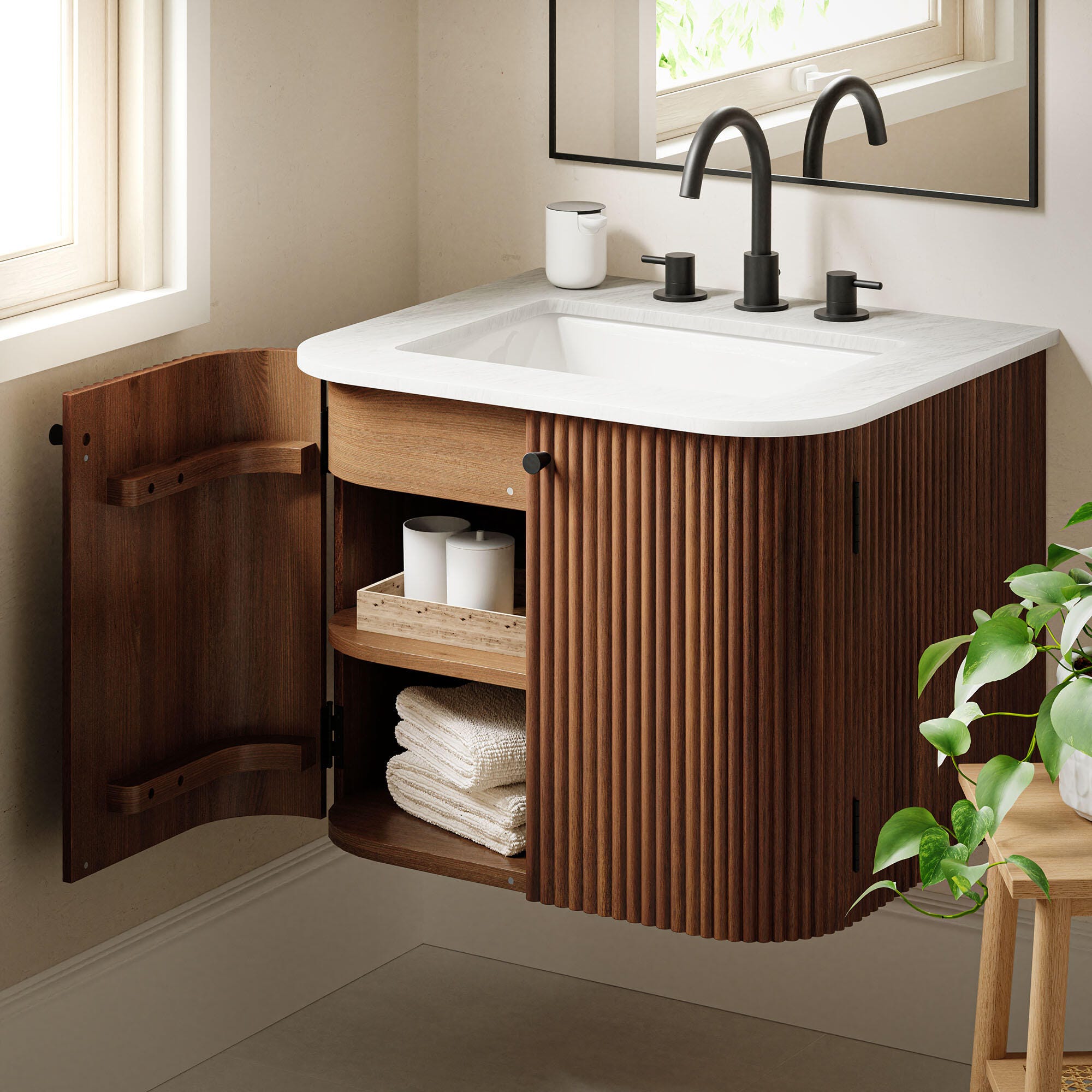 Modway Zia 24" Wall-Mount Bathroom Vanity Set, Walnut, large