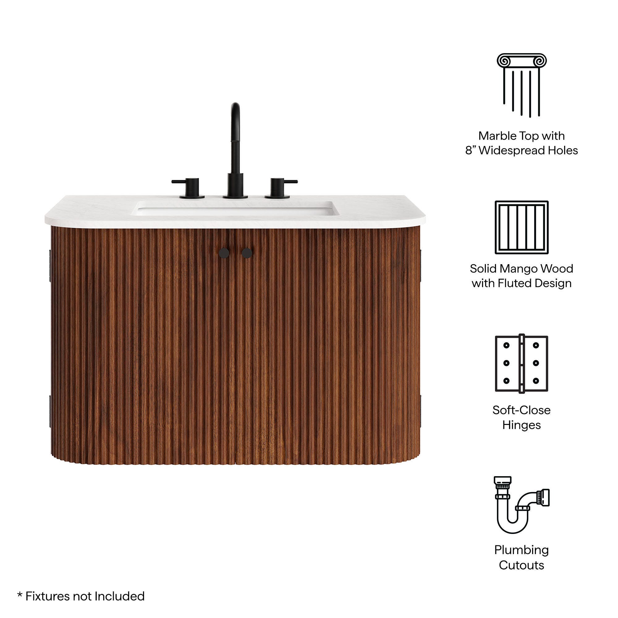 Modway Zia 30" Wall-Mount  Bathroom Vanity Set, Walnut, large