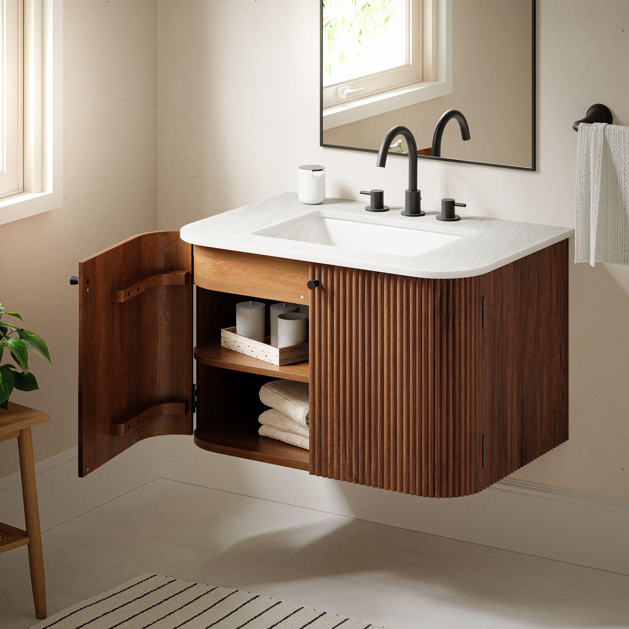 Modway Zia 30" Wall-Mount  Bathroom Vanity Set, Walnut, large