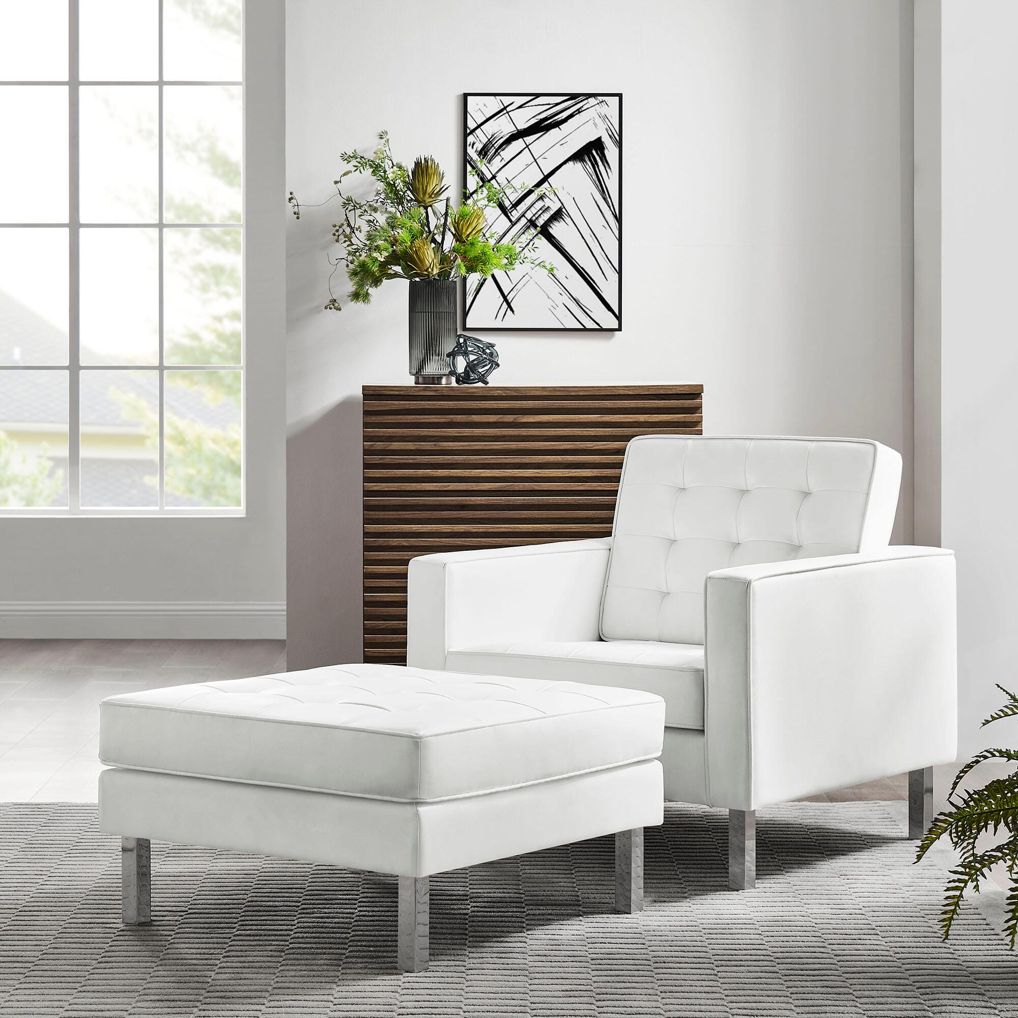 Modway Loft Accent Chair with Ottoman, Silver/White, rollover