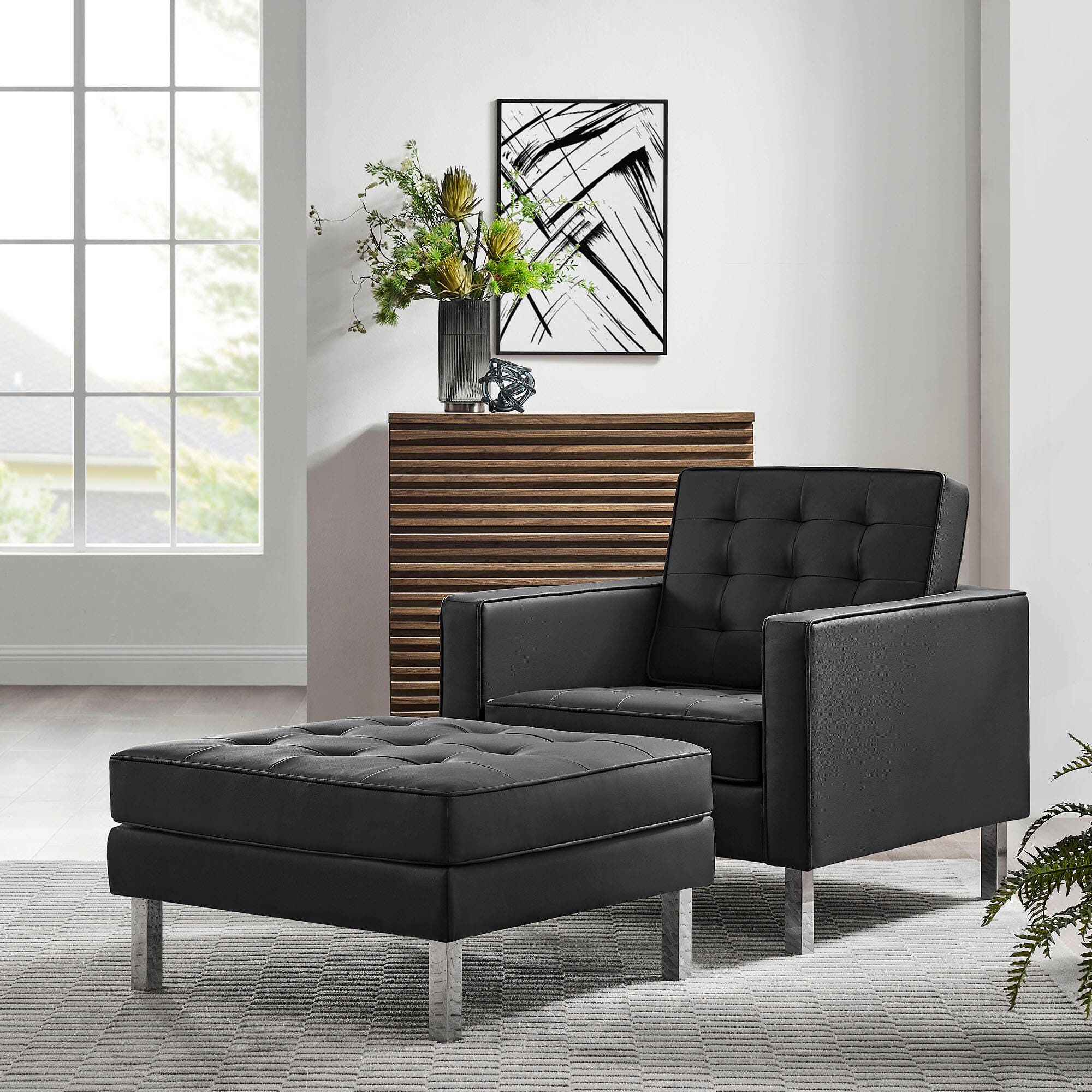Modway Loft Accent Chair with Ottoman, Silver/Black, rollover