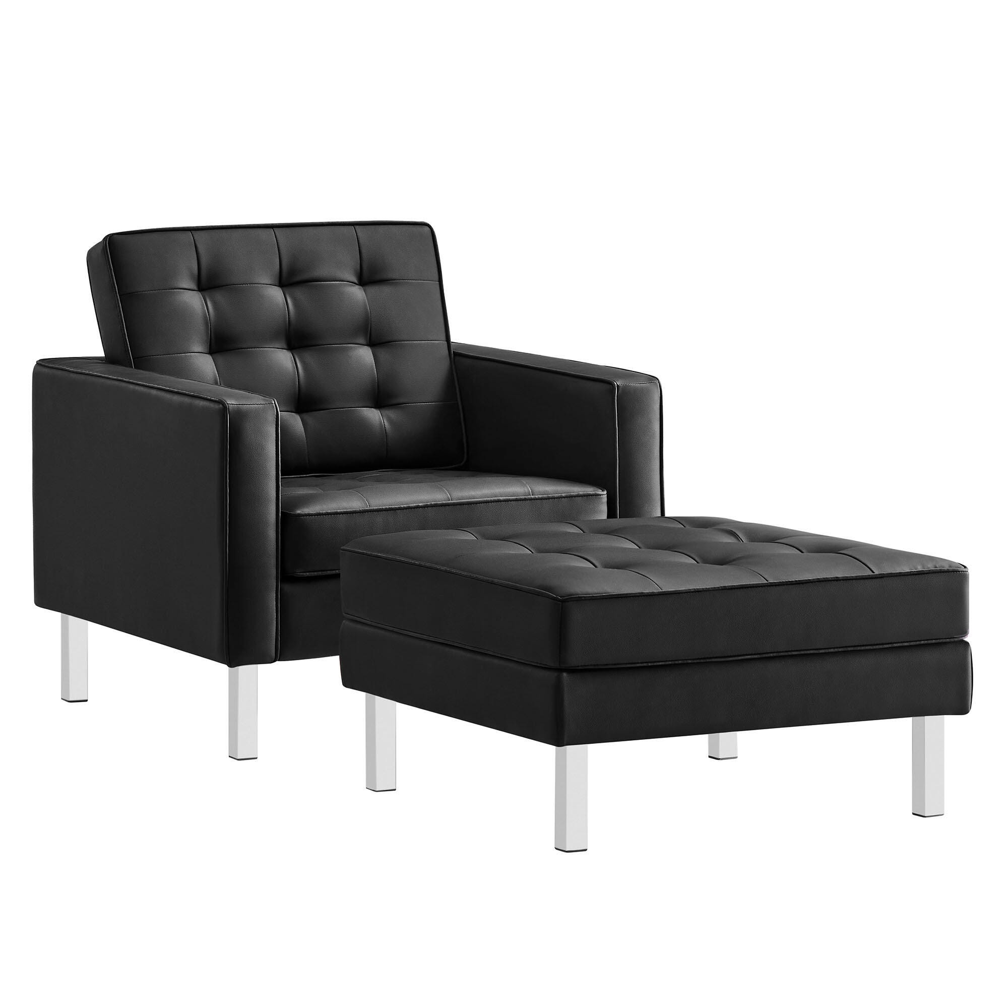 Modway Loft Accent Chair with Ottoman, Silver/Black, large