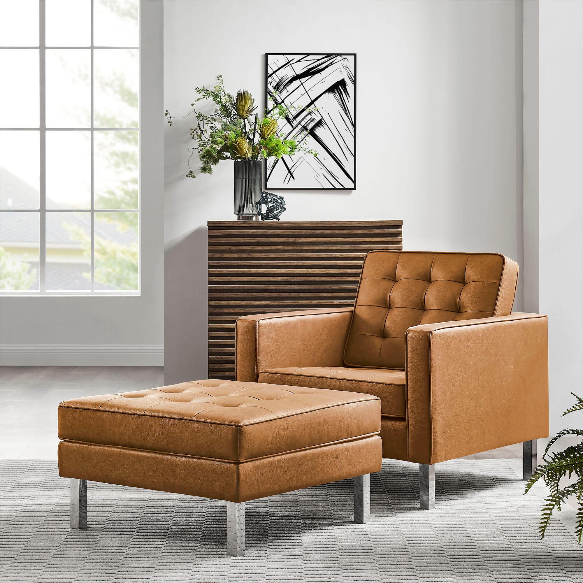 Modway Loft Accent Chair with Ottoman, Tan, rollover