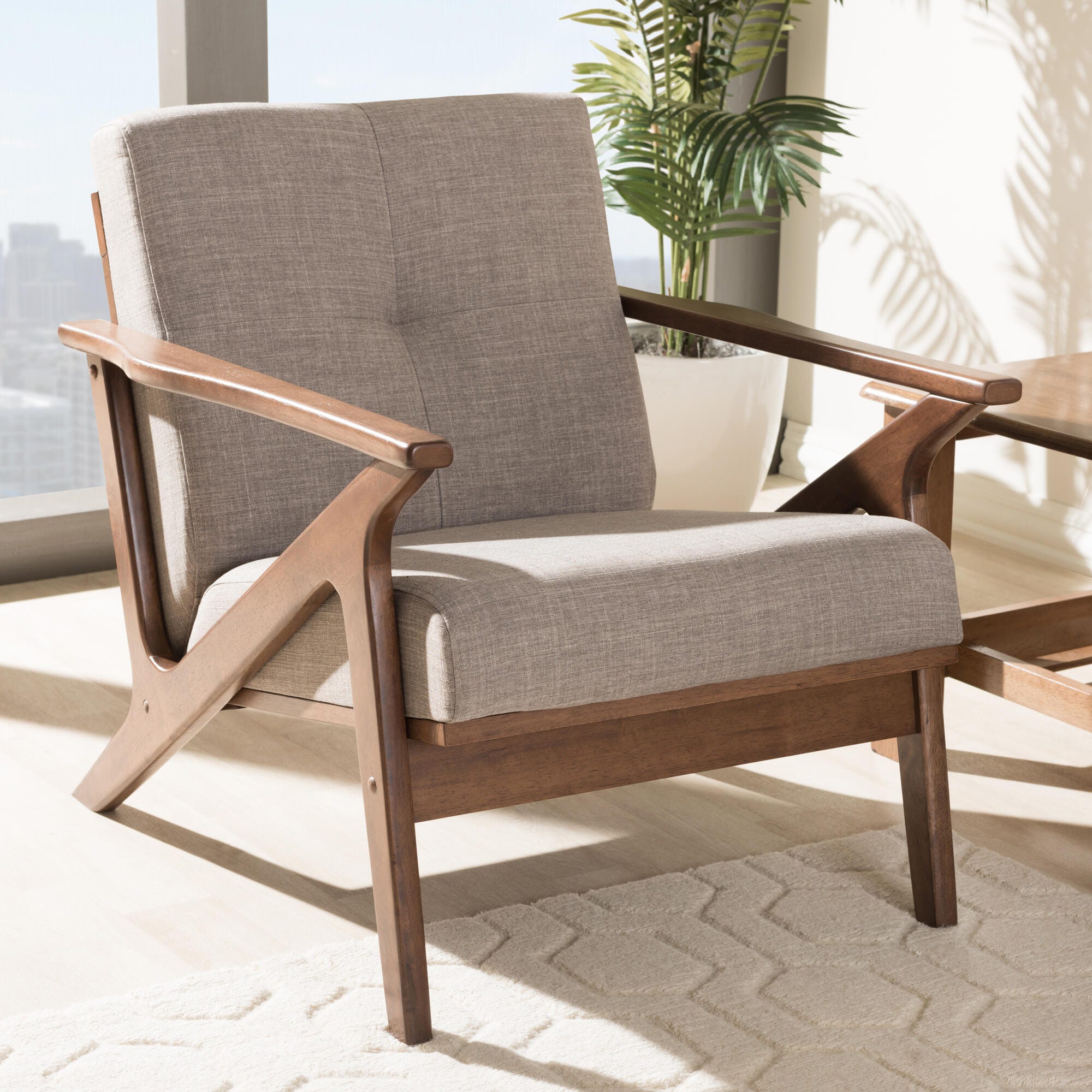 Baxton Studio Bianca Lounge Chair, Light Gray/Walnut Brown, rollover