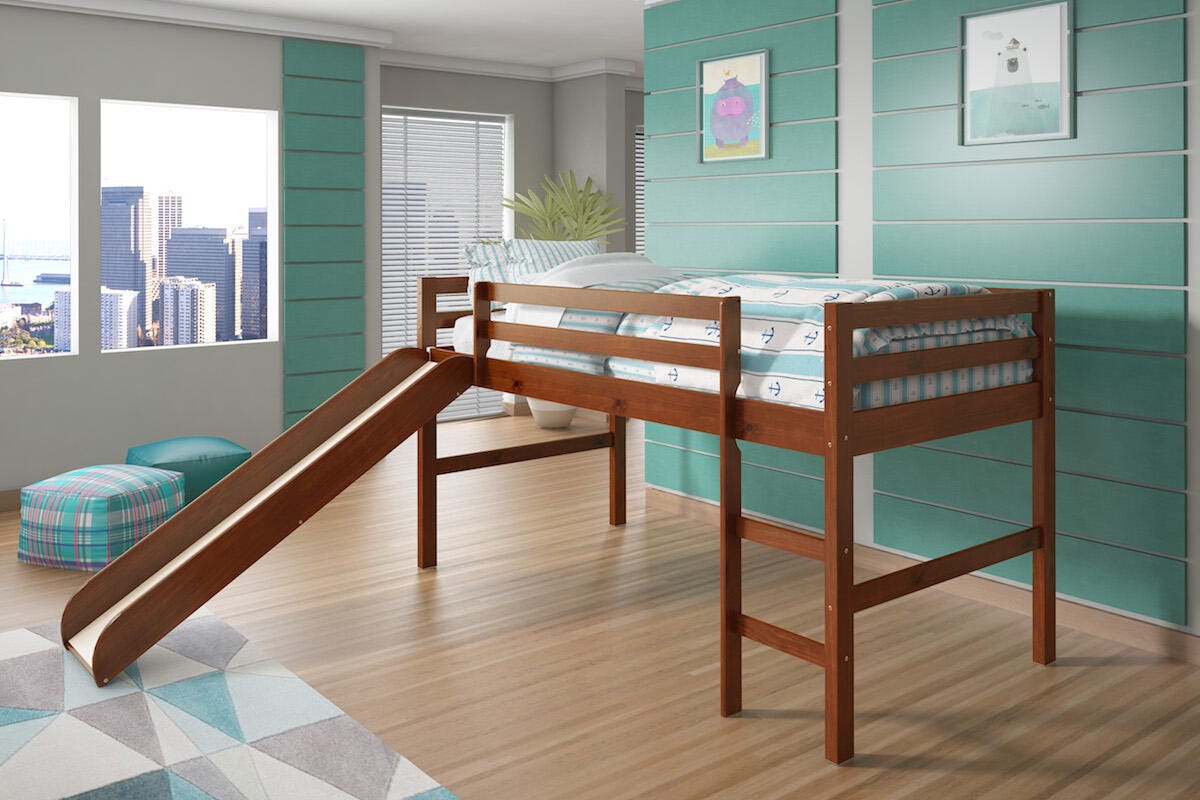 Kids Twin Low Loft Bed with Slide, Espresso, rollover