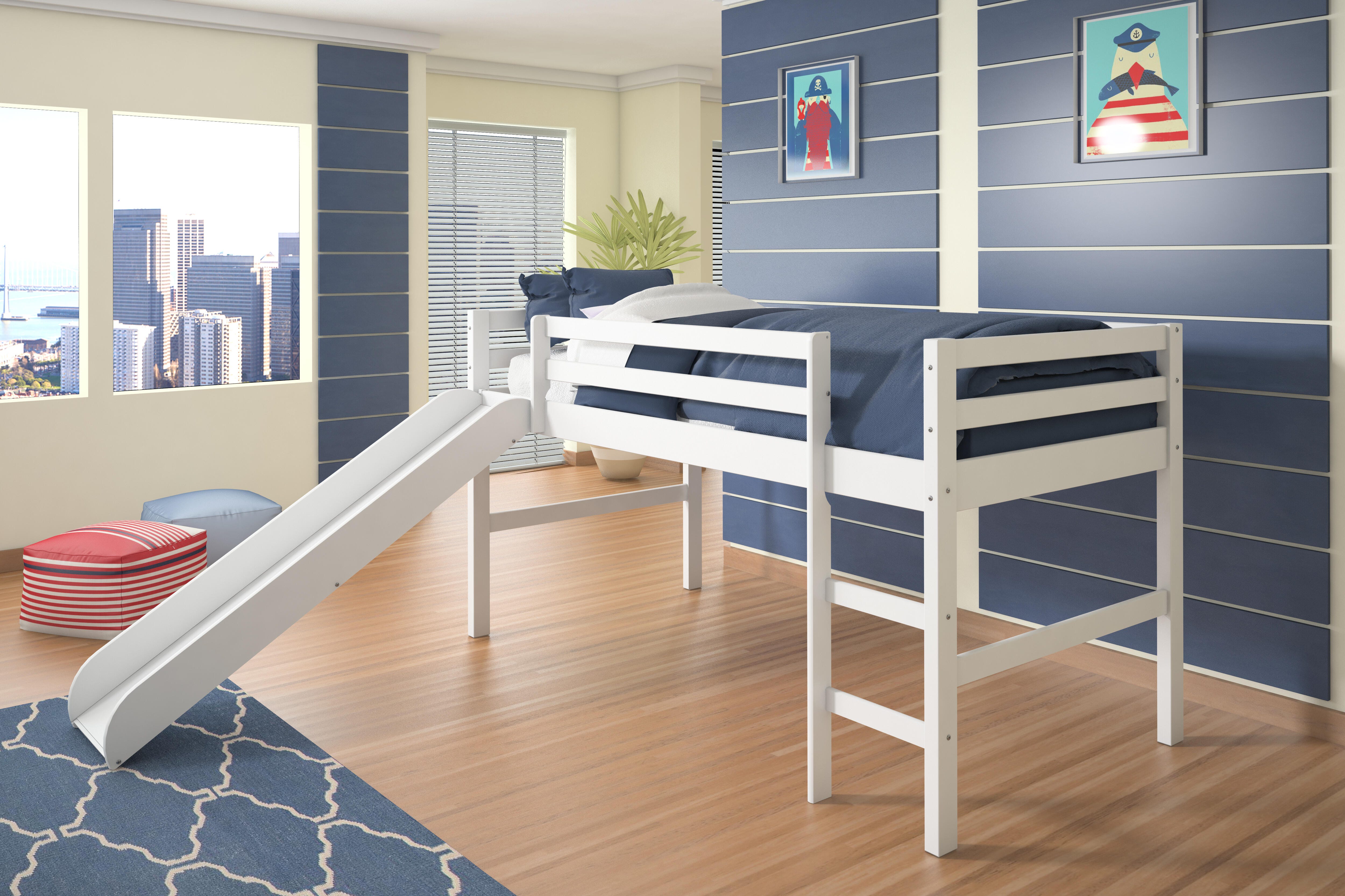 Kids Twin Low Loft Bed with Slide, White, rollover