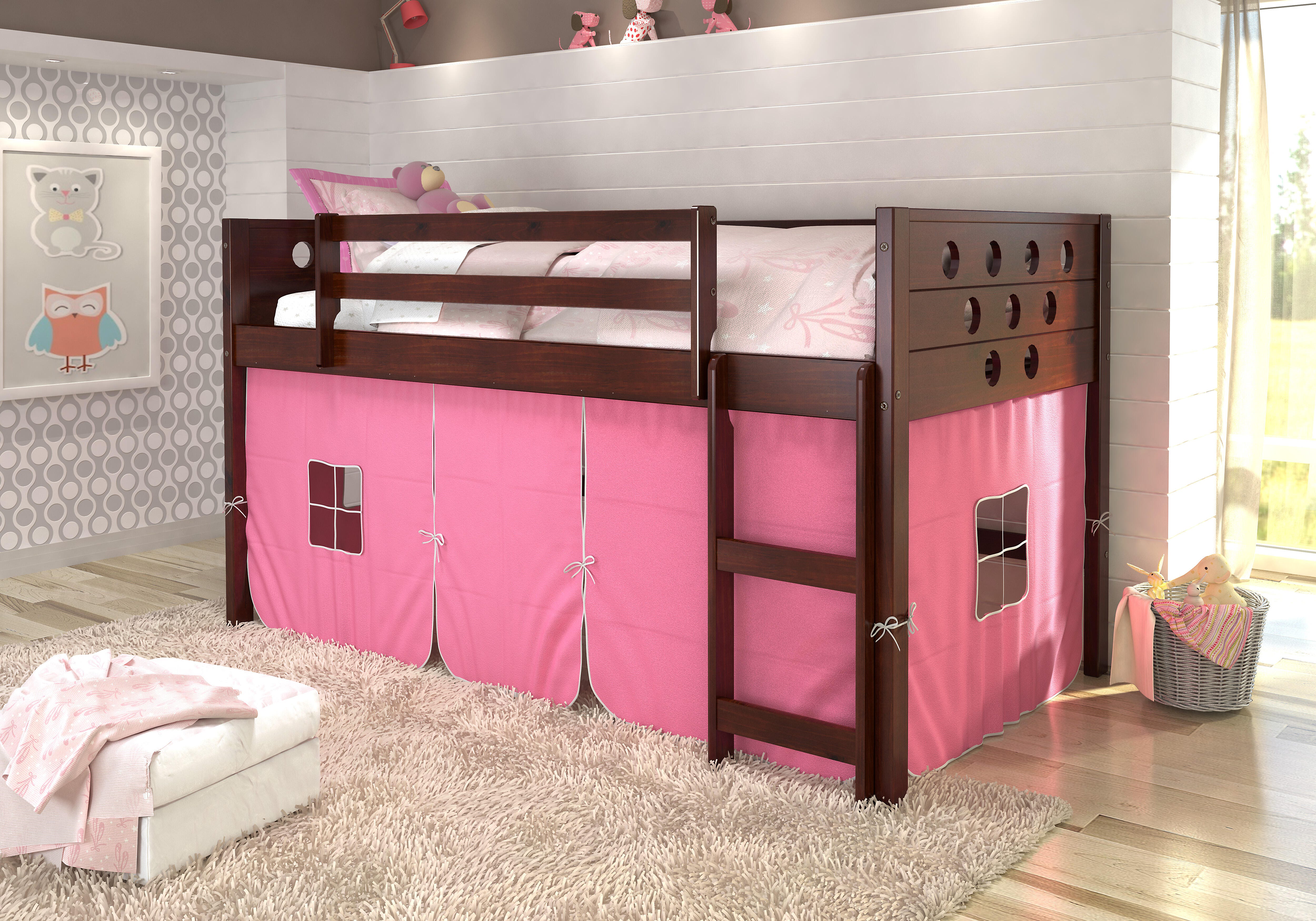Kids Twin Low Loft Bed with Tent, Pink, rollover