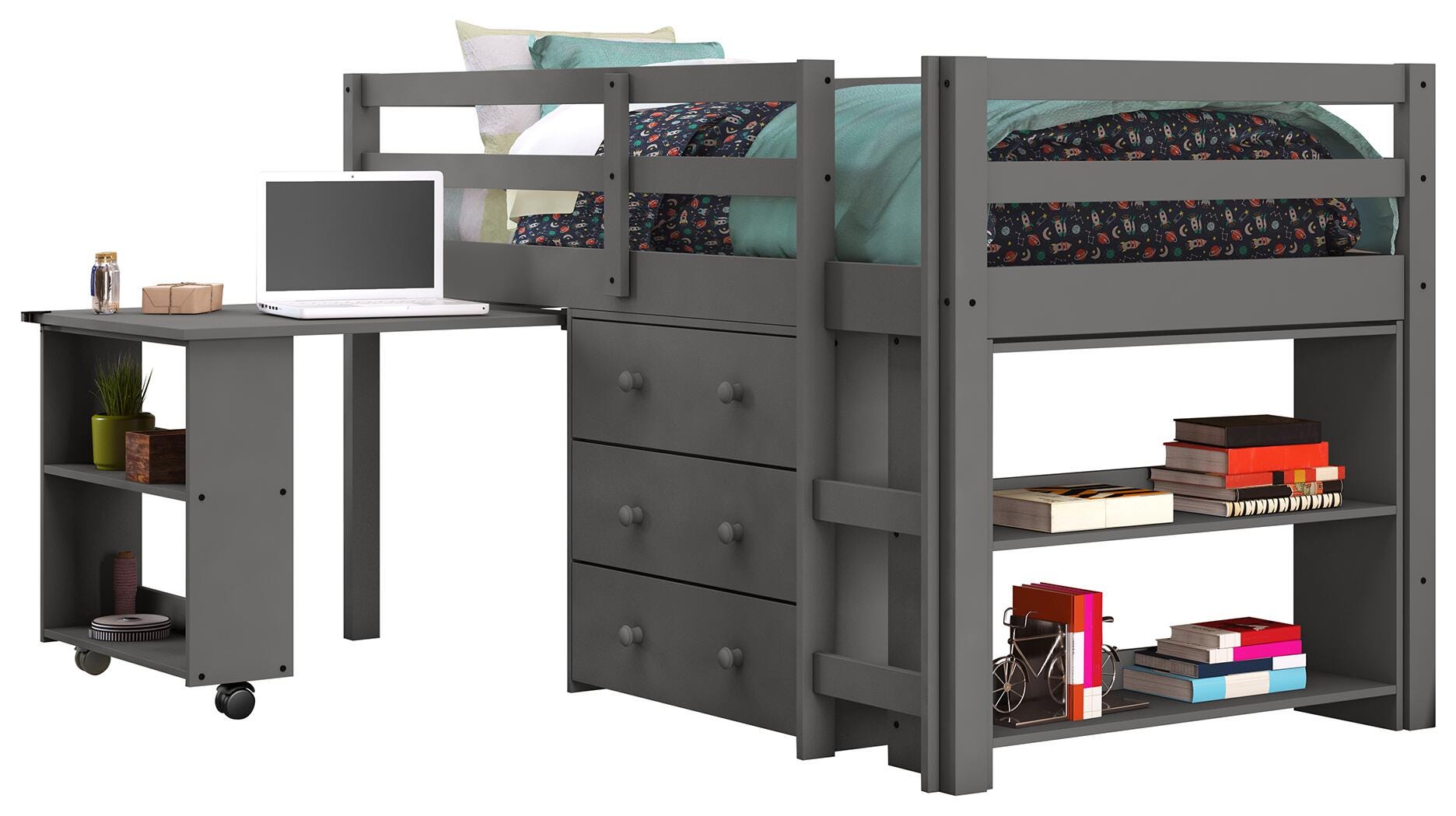 Kids Twin Low Loft Study Set, Antique Gray, large