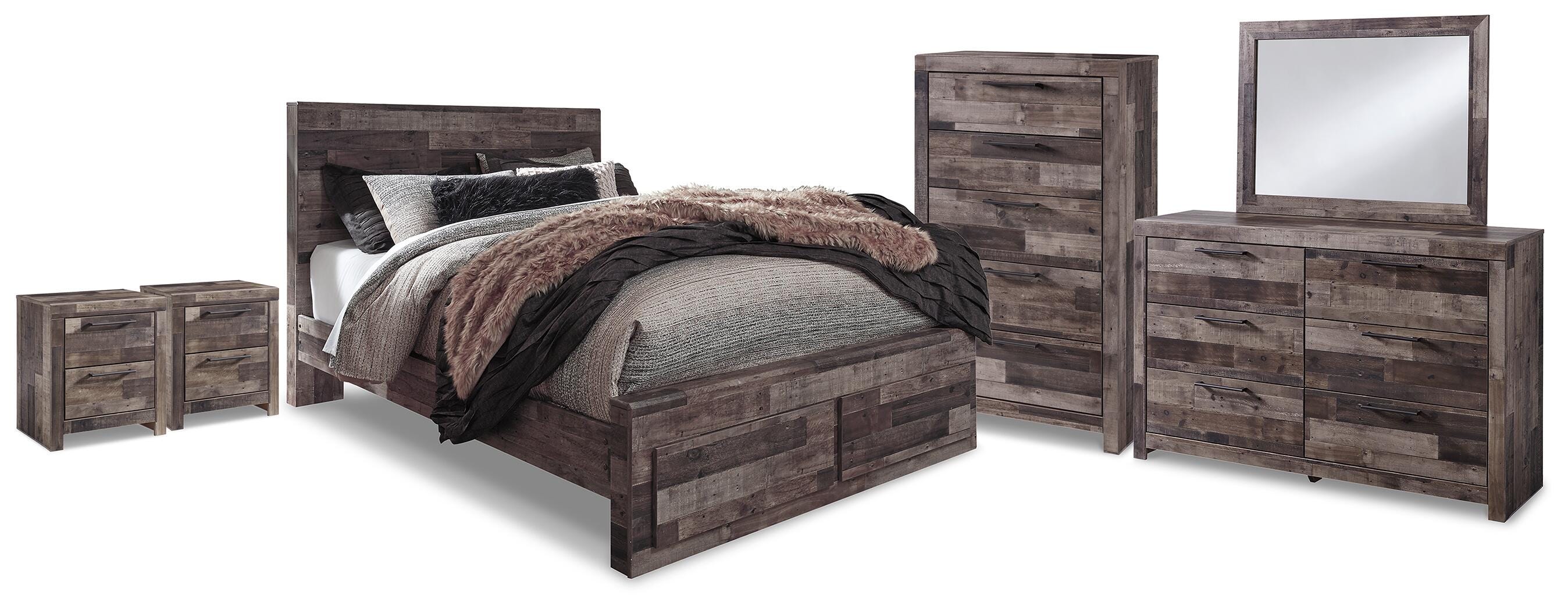 Cama Derekson Queen con almacenamiento, cómoda, espejo, arcón y 2 mesitas de noche - image 1