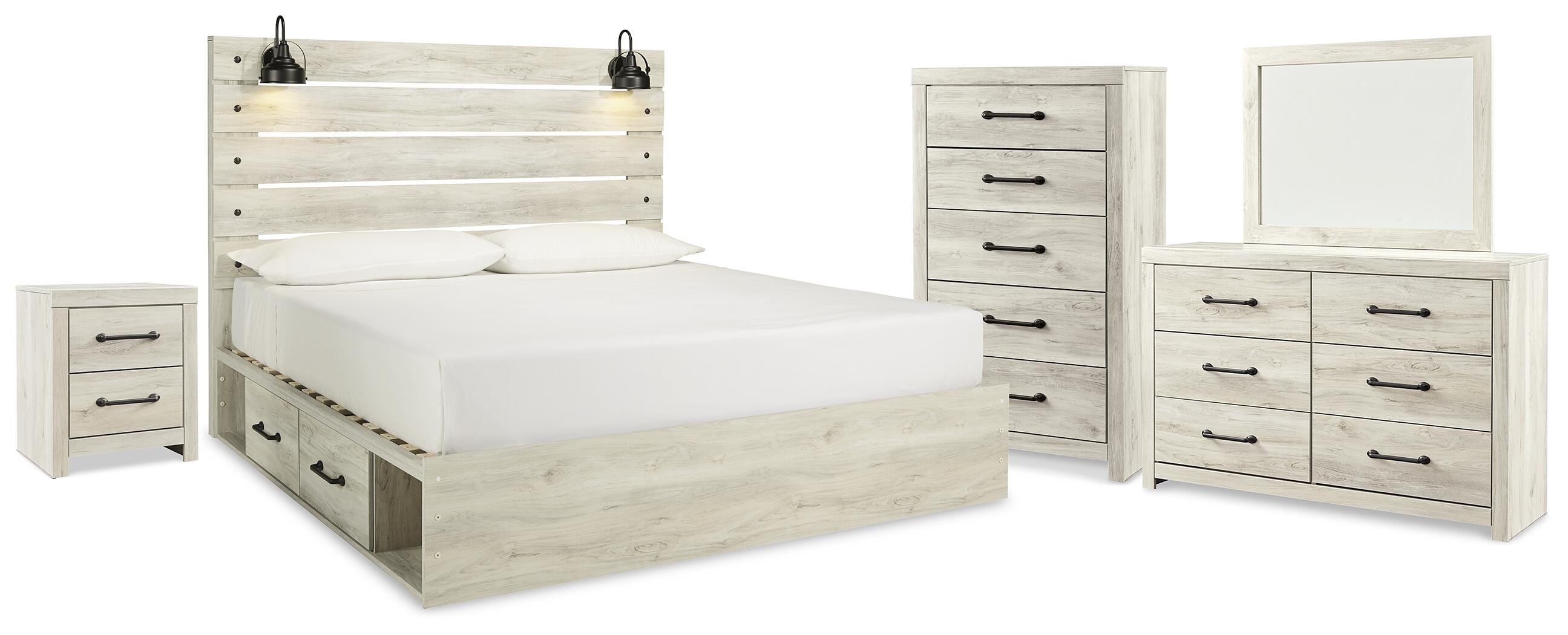 Cama de plataforma tamaño king Cambeck con almacenamiento, tocador, espejo, cómoda y mesita de noche - image 1