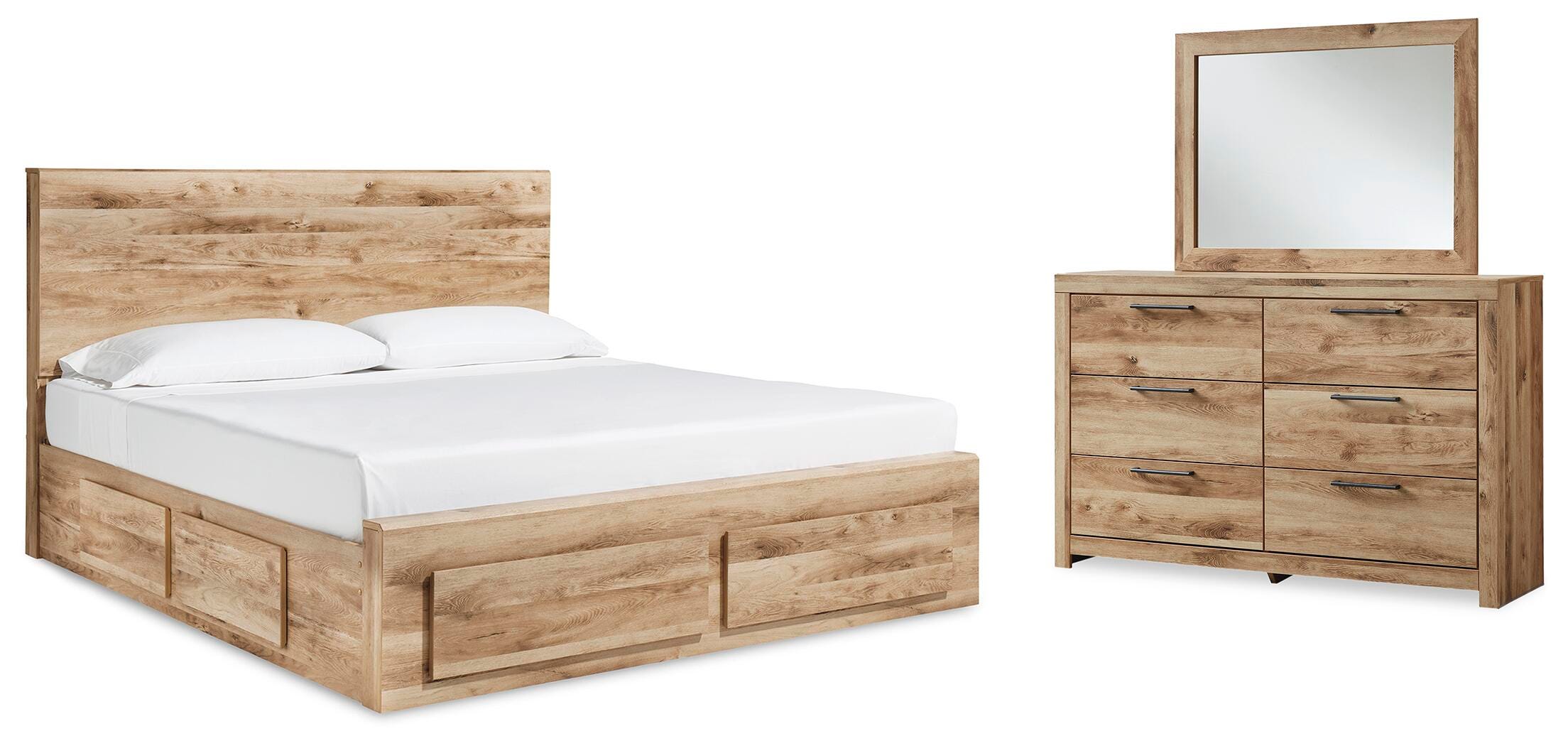 Cama Hyanna King con panel y 2 cajones laterales de almacenaje, cómoda y espejo - image 1