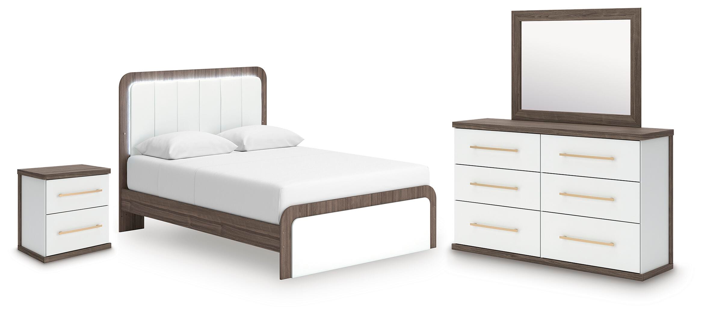 Cama tapizada Queen, cómoda, espejo y mesita de noche Mazilar - image 1