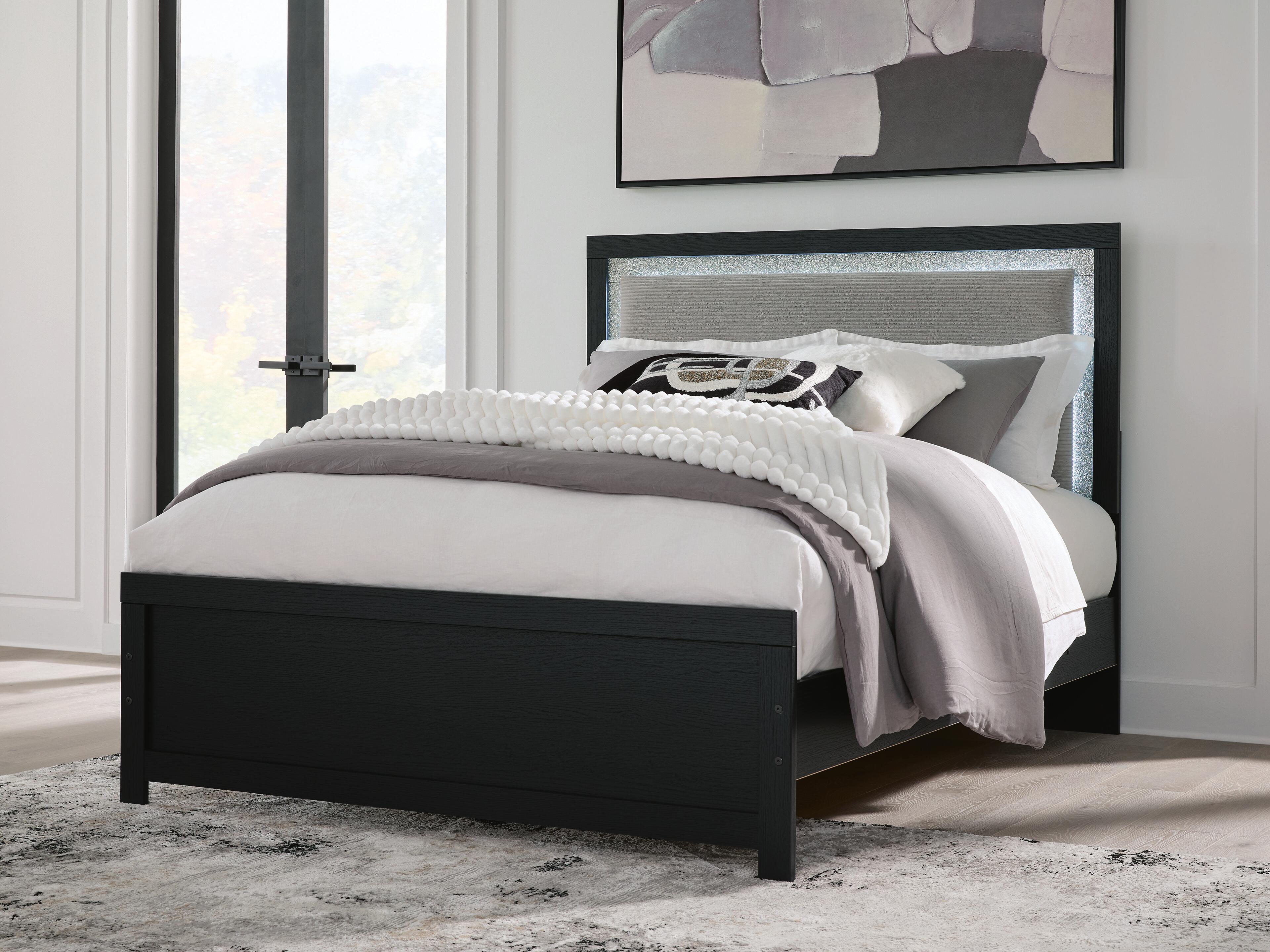 Raechalla Queen Upholstered Panel Bed, Black, rollover