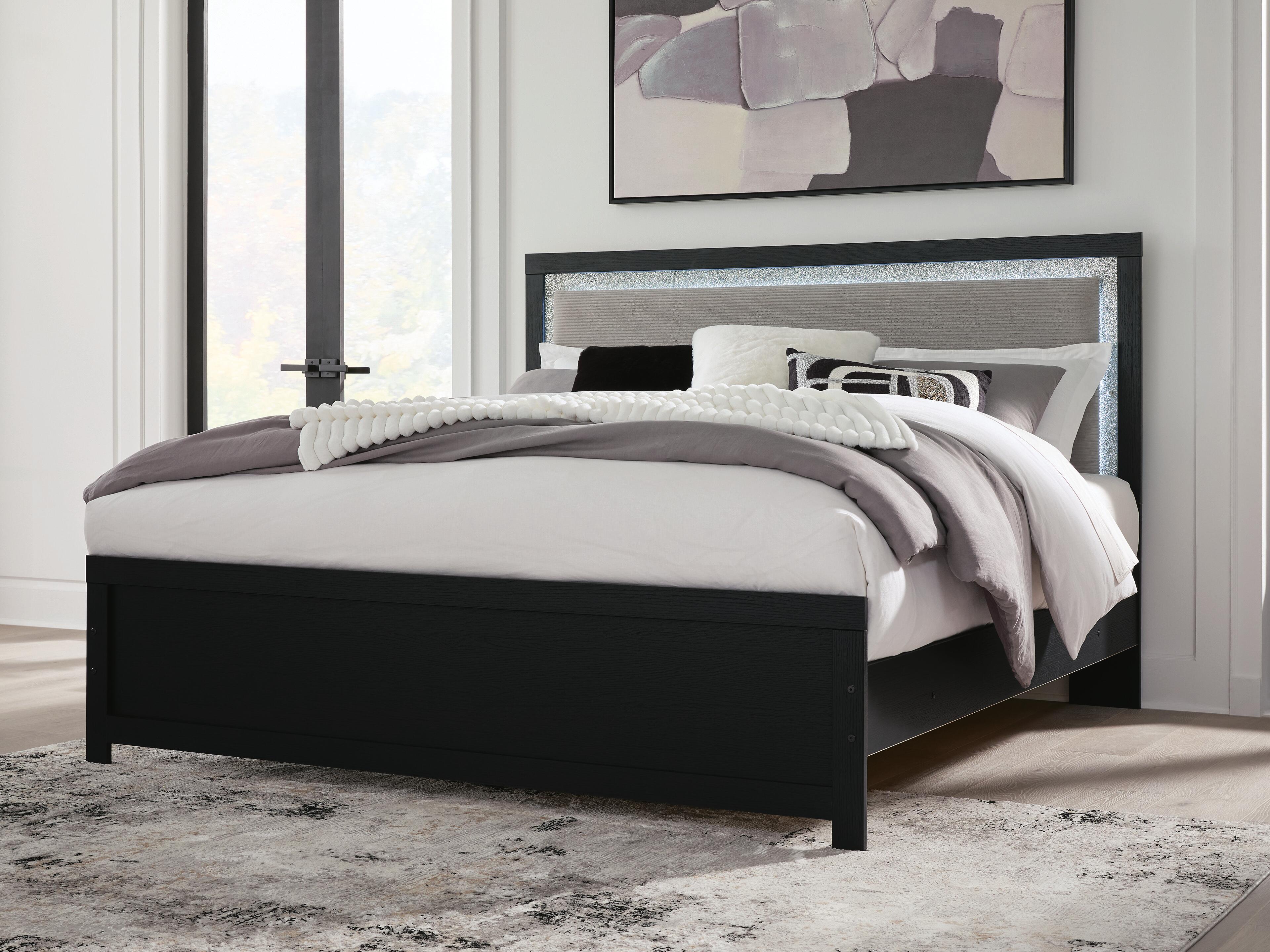 Raechalla King Upholstered Panel Bed, Black, rollover