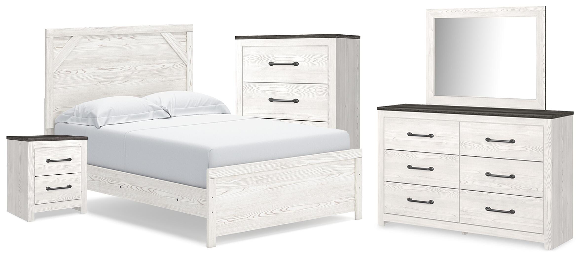 Cama con cabecera y piecera Gerridan, cómoda, espejo, chiffonier y mesita de noche