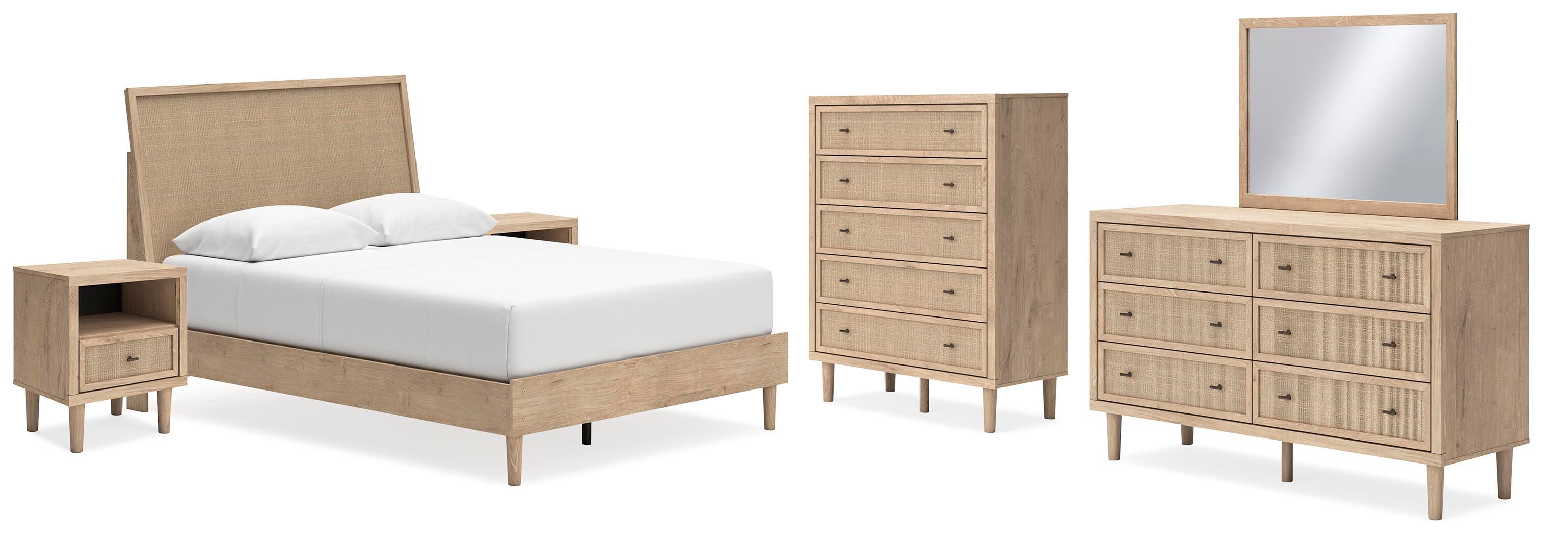 Cielden Queen Panel Bed with Mirrored Dresser, Chest and 2 Nightstands, Two-tone, large