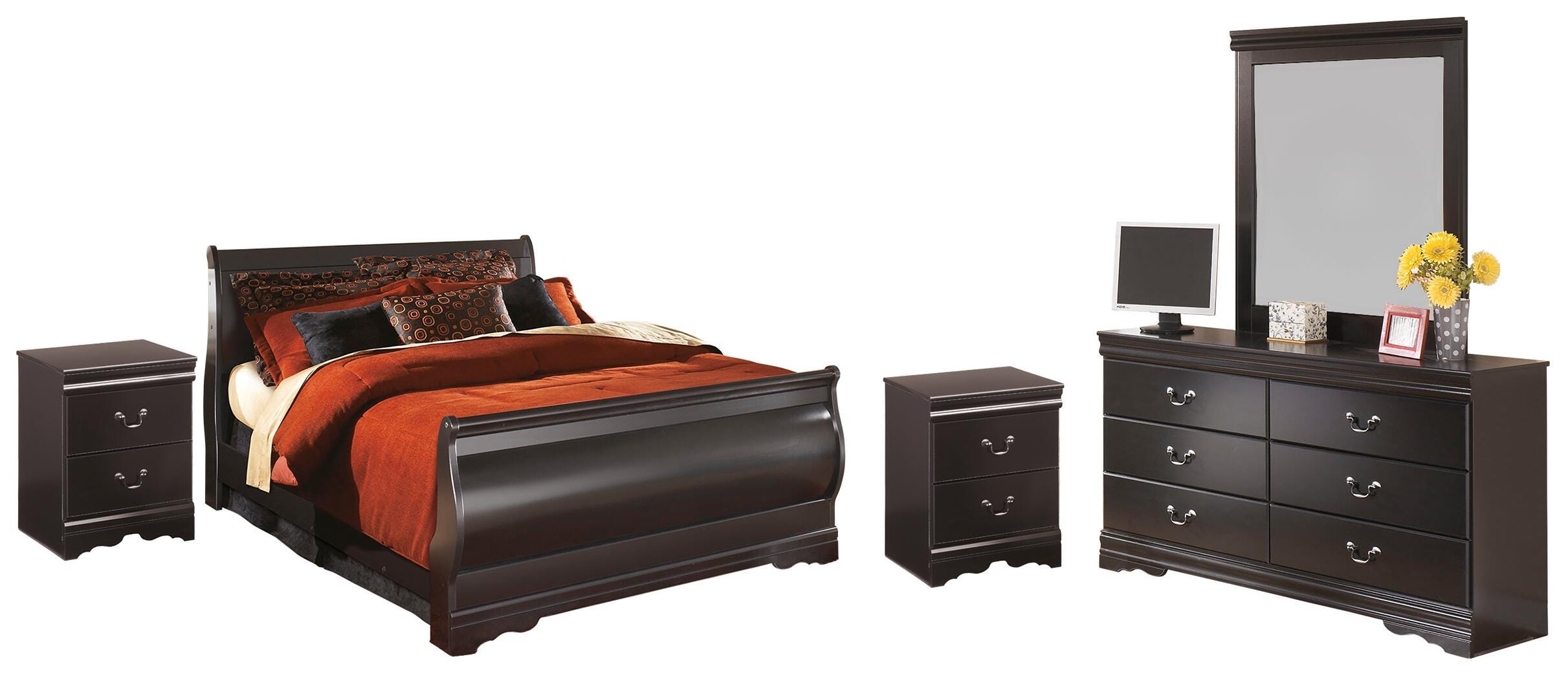 Huey Vineyard Full Sleigh Bed with Mirrored Dresser and 2 Nightstands, Black
