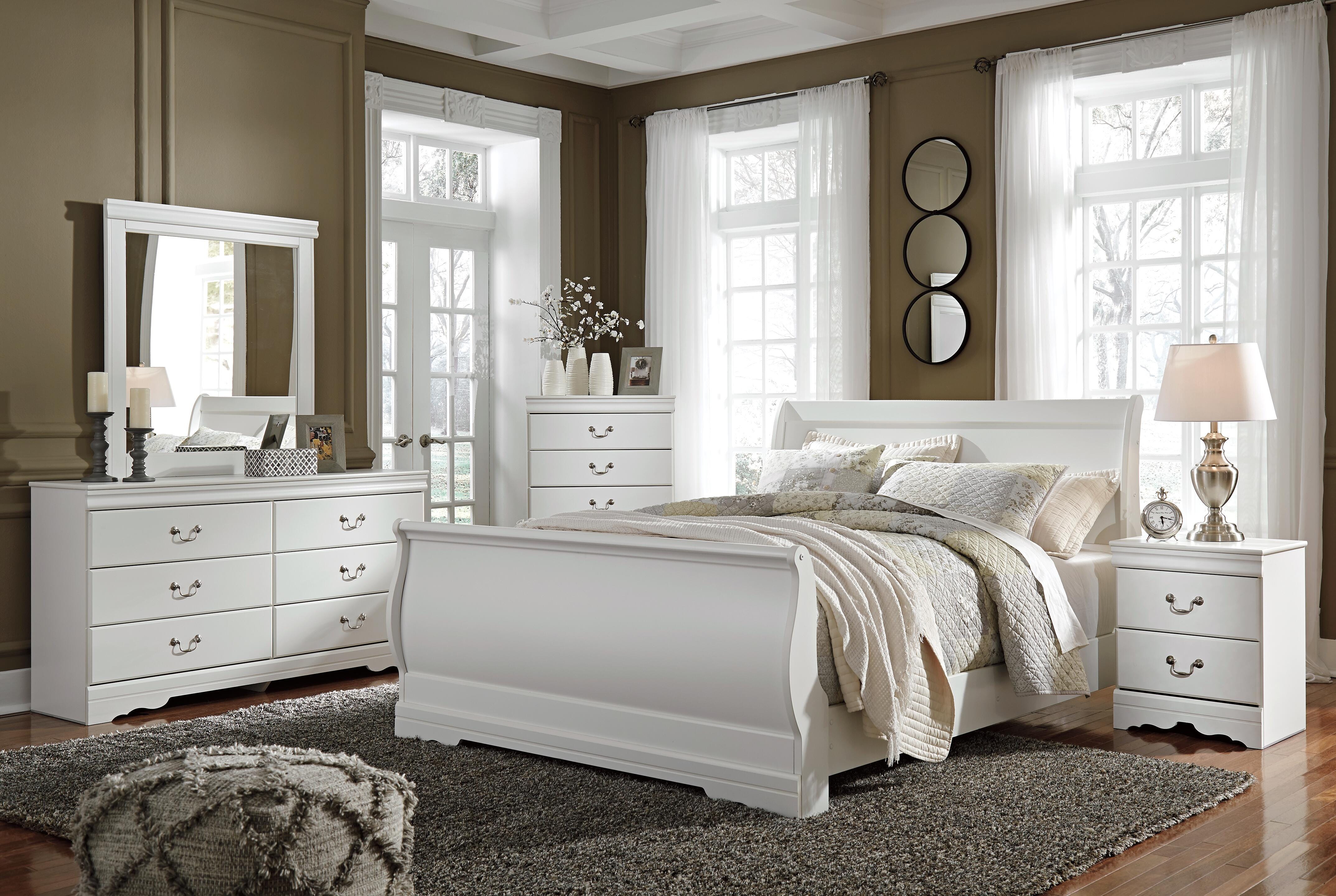Anarasia Queen Sleigh Bed with Mirrored Dresser, White, large