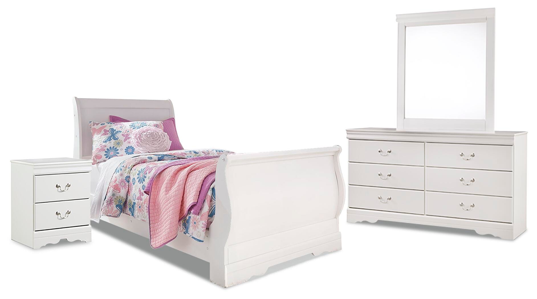 Cama doble Anarasia con cabecero y piecero tipo trineo, cómoda, espejo y mesita de noche - image 1