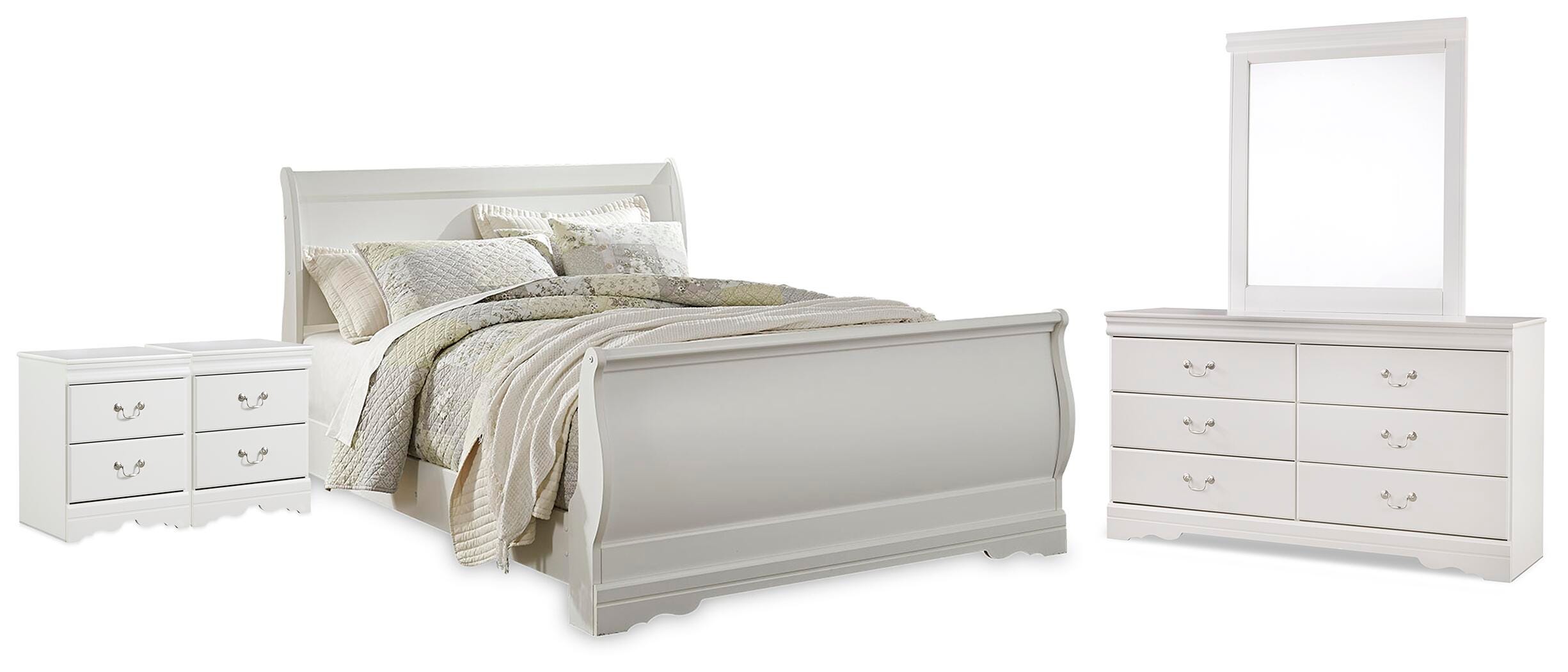 Cama Queen Anarasia con cabecera de trineo, cómoda, espejo y 2 mesitas de noche - image 1
