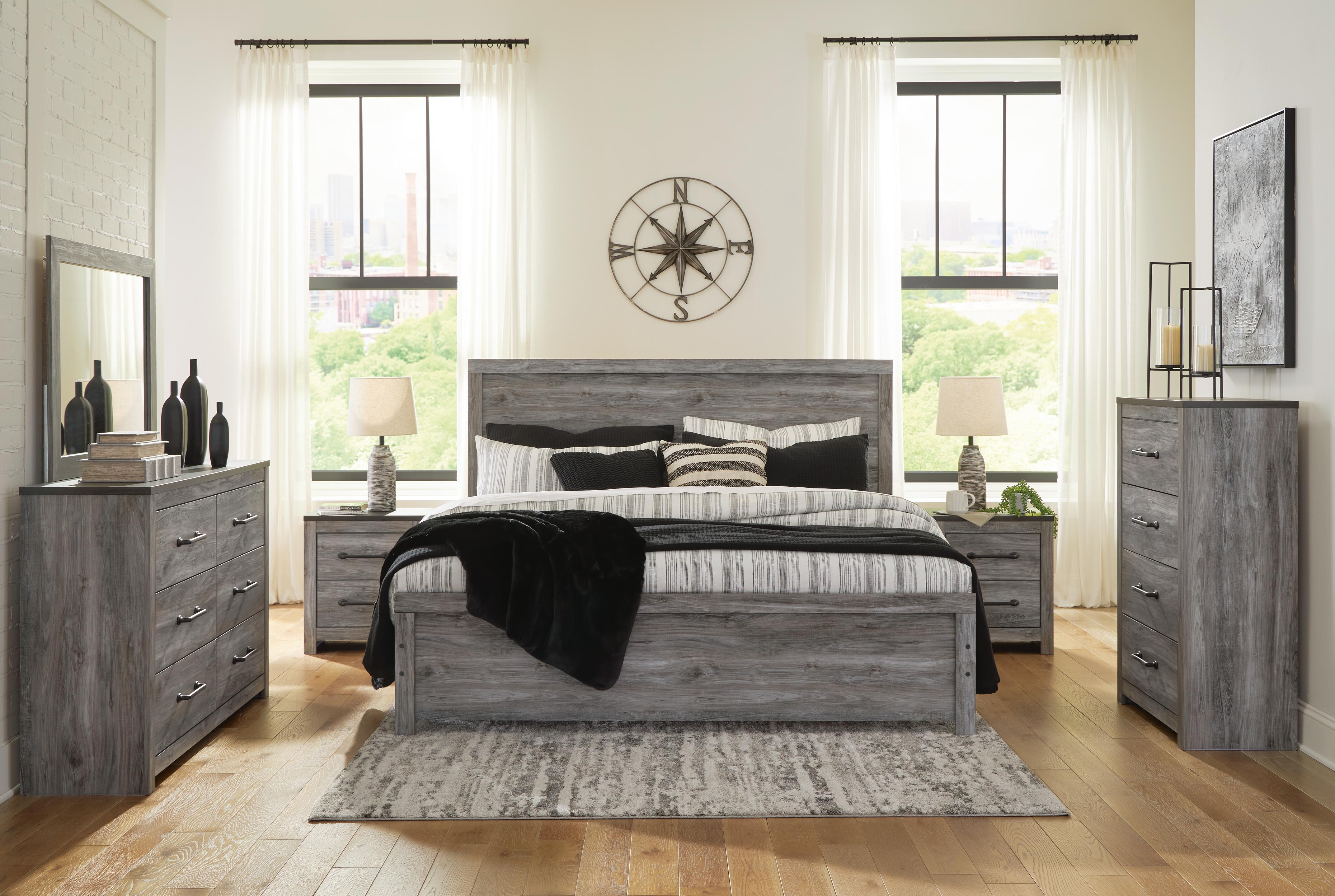 Bronyan King Panel Bed with Mirrored Dresser, Chest and 2 Nightstands, , large