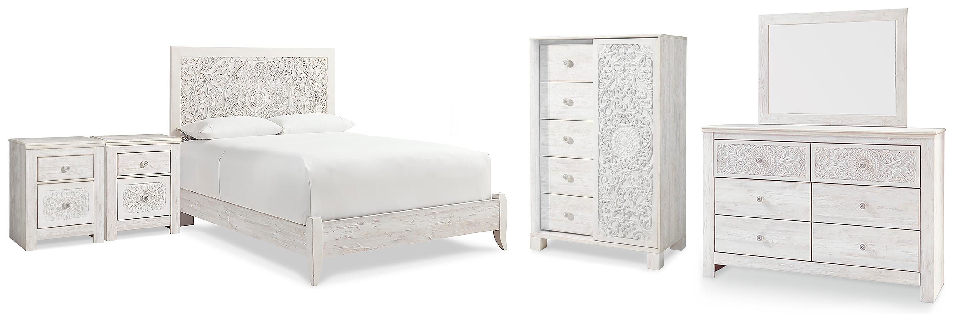 Cama con panel Queen, cómoda, espejo, baúl y 2 mesitas de noche Paxberry - image 1